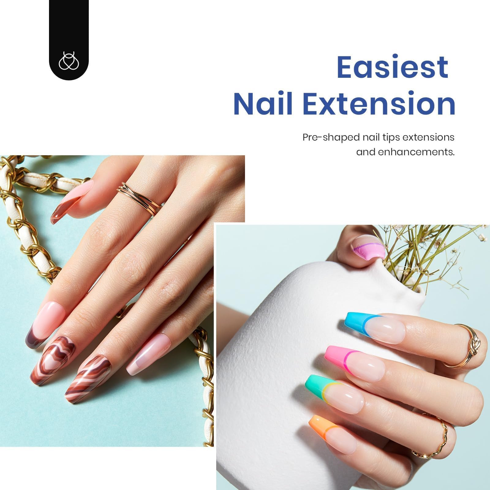 Beetles Gel Nail Kit Easy Extension Set – 500 Tips, 5-in-1 Glue Base Gel, Mini UV Lamp