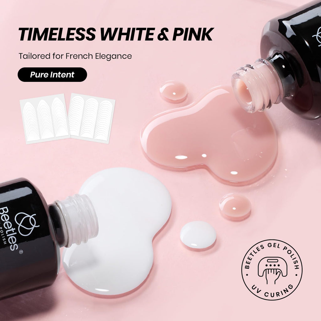 Beetles French Tip Gel Polish Set – Nude Pink & White, UV/LED Soak-Off, 2 Sticker Styles