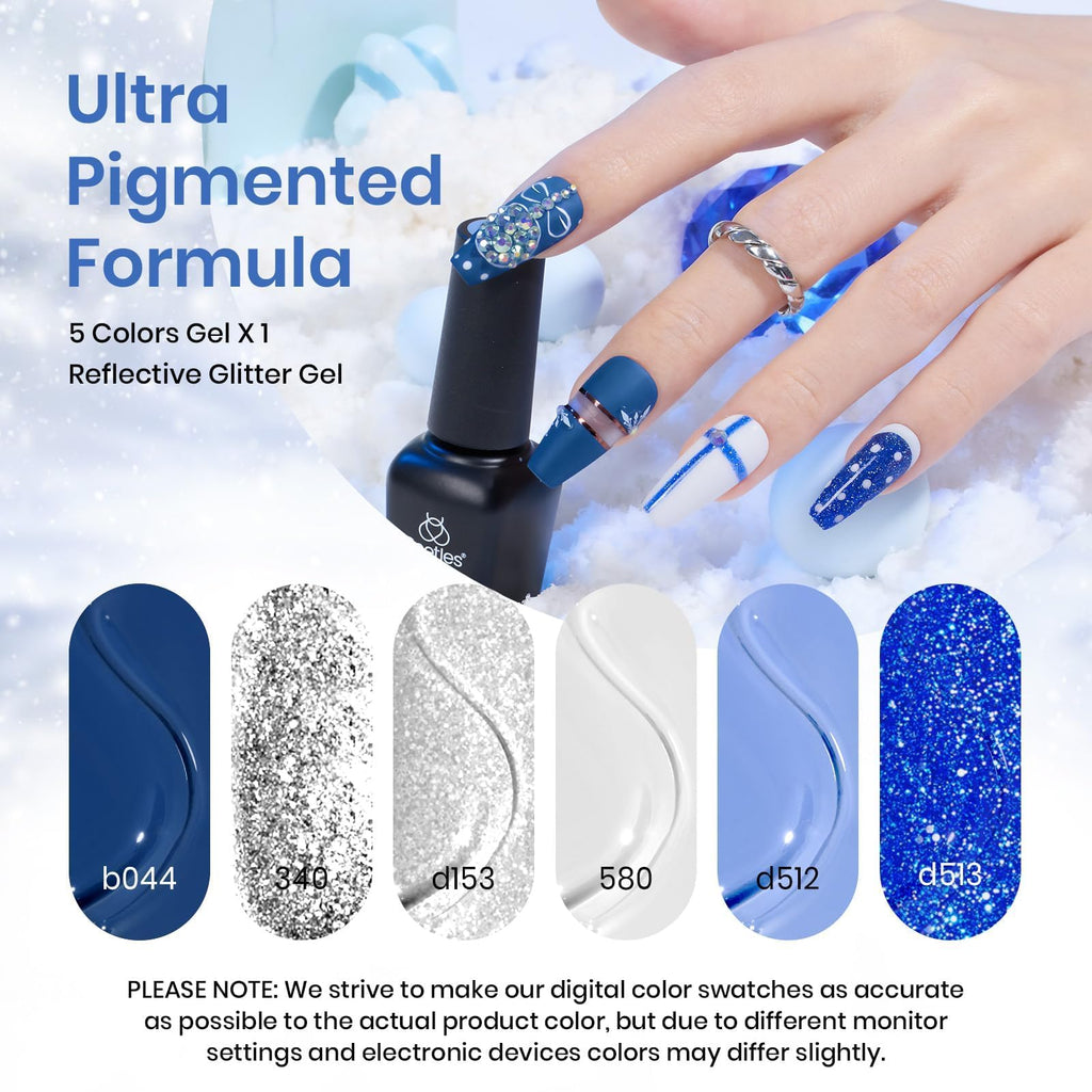 Beetles Gel Polish Set – Glitter Snowflakes Collection: White, Silver & Navy Blue