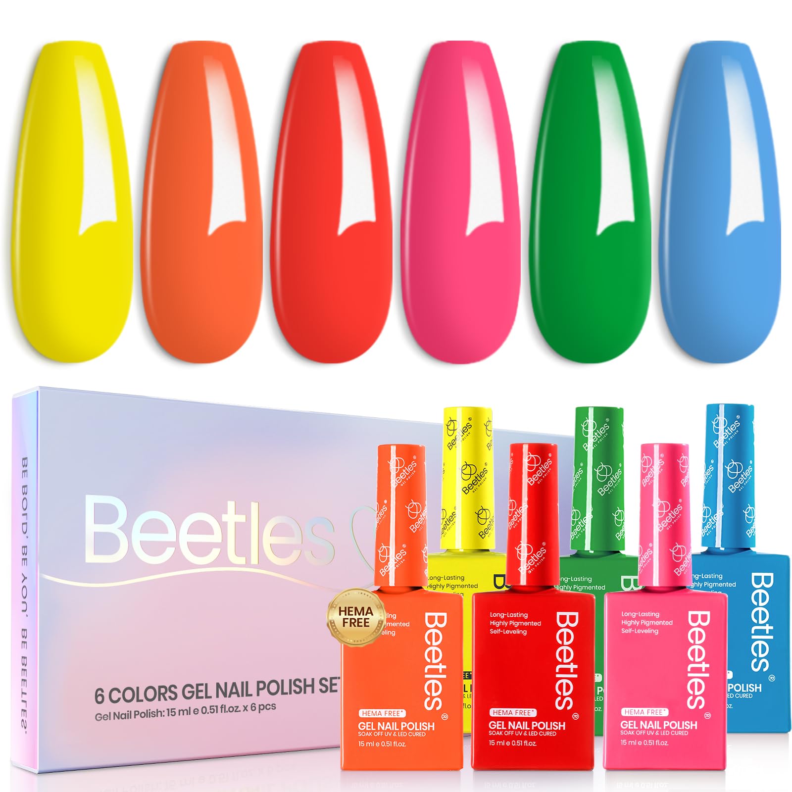 Beetles Gel Polish Neon Rainbow Set — 6 Neon Colors, HEMA-Free, 15ml, Soak-Off UV/LED