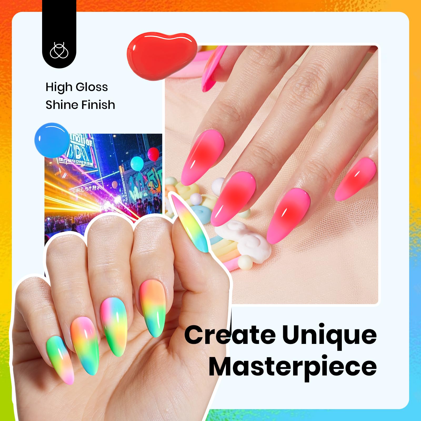 Beetles Gel Polish Neon Rainbow Set — 6 Neon Colors, HEMA-Free, 15ml, Soak-Off UV/LED