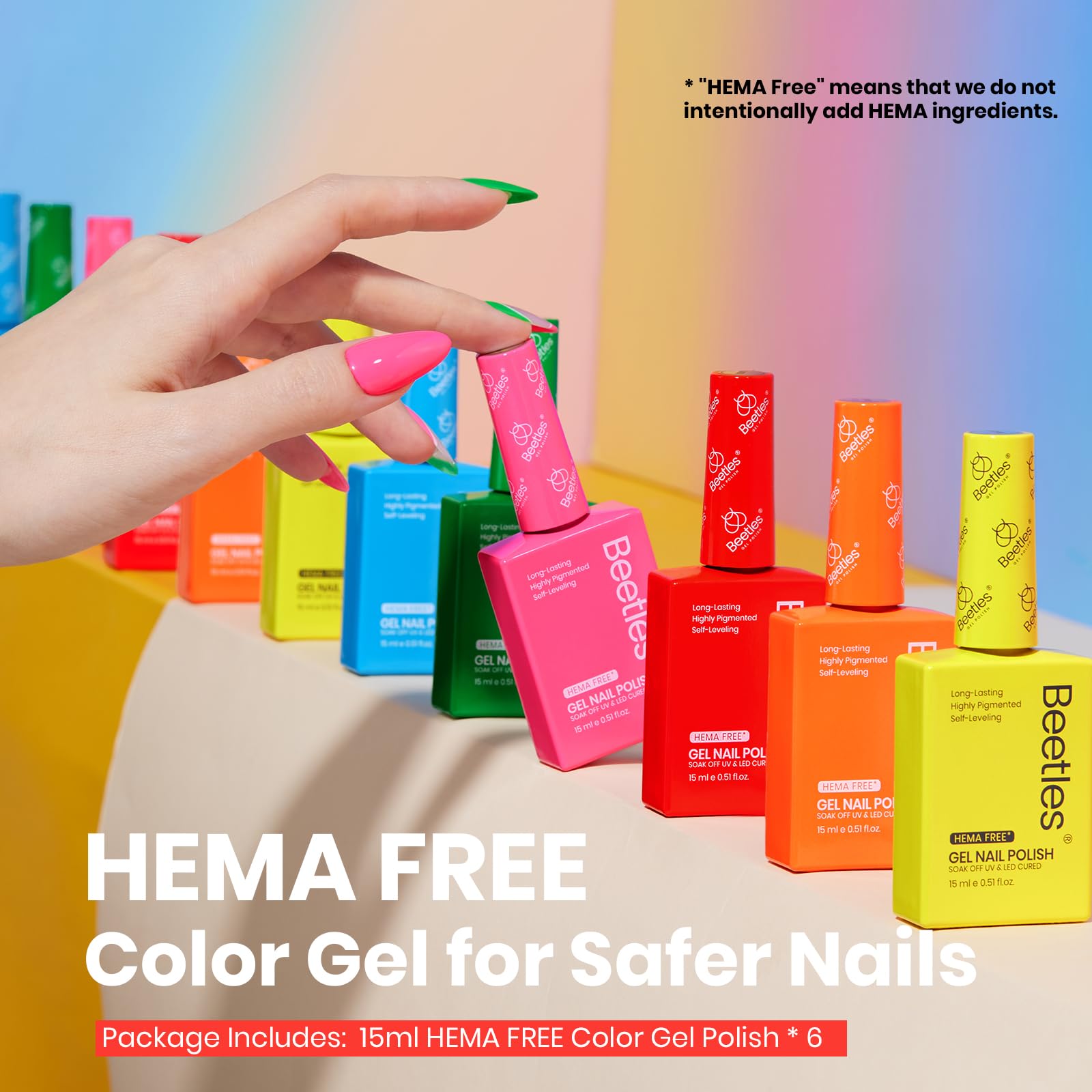 Beetles Gel Polish Neon Rainbow Set — 6 Neon Colors, HEMA-Free, 15ml, Soak-Off UV/LED