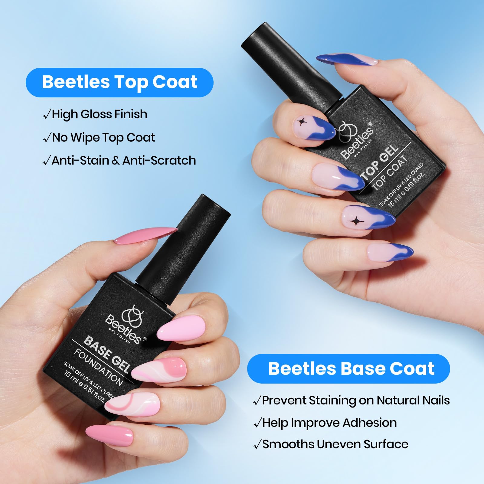 Beetles Gel Polish 4-Piece Base Coat, Top Coat, Dehydrator & Primer Set – Acid-Free & HEMA-Free Bond