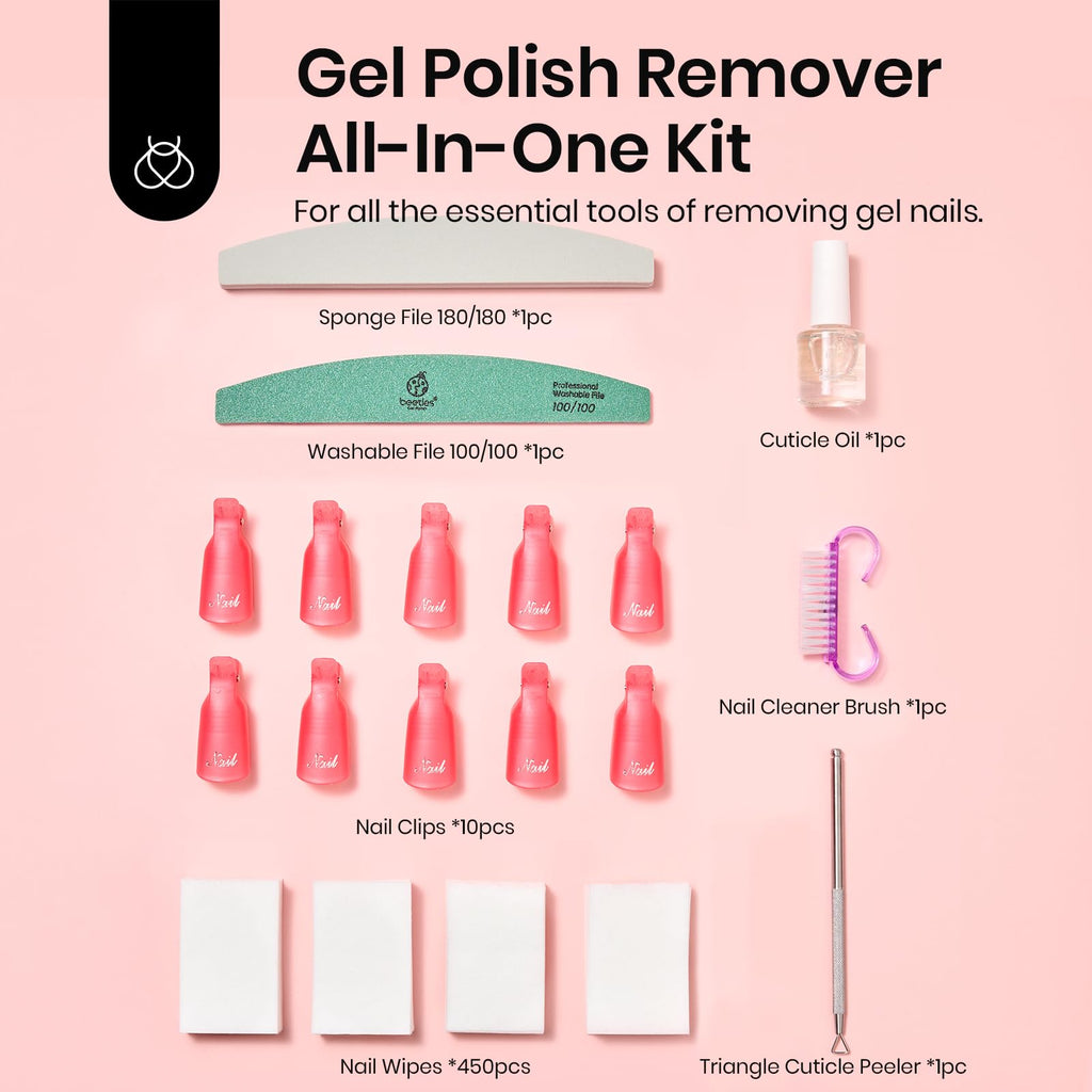 Beetles Gel Polish Remover Kit – 450 Lint-Free Wipes, 10 Remover Clips, Cuticle Oil, Pusher & Nail File