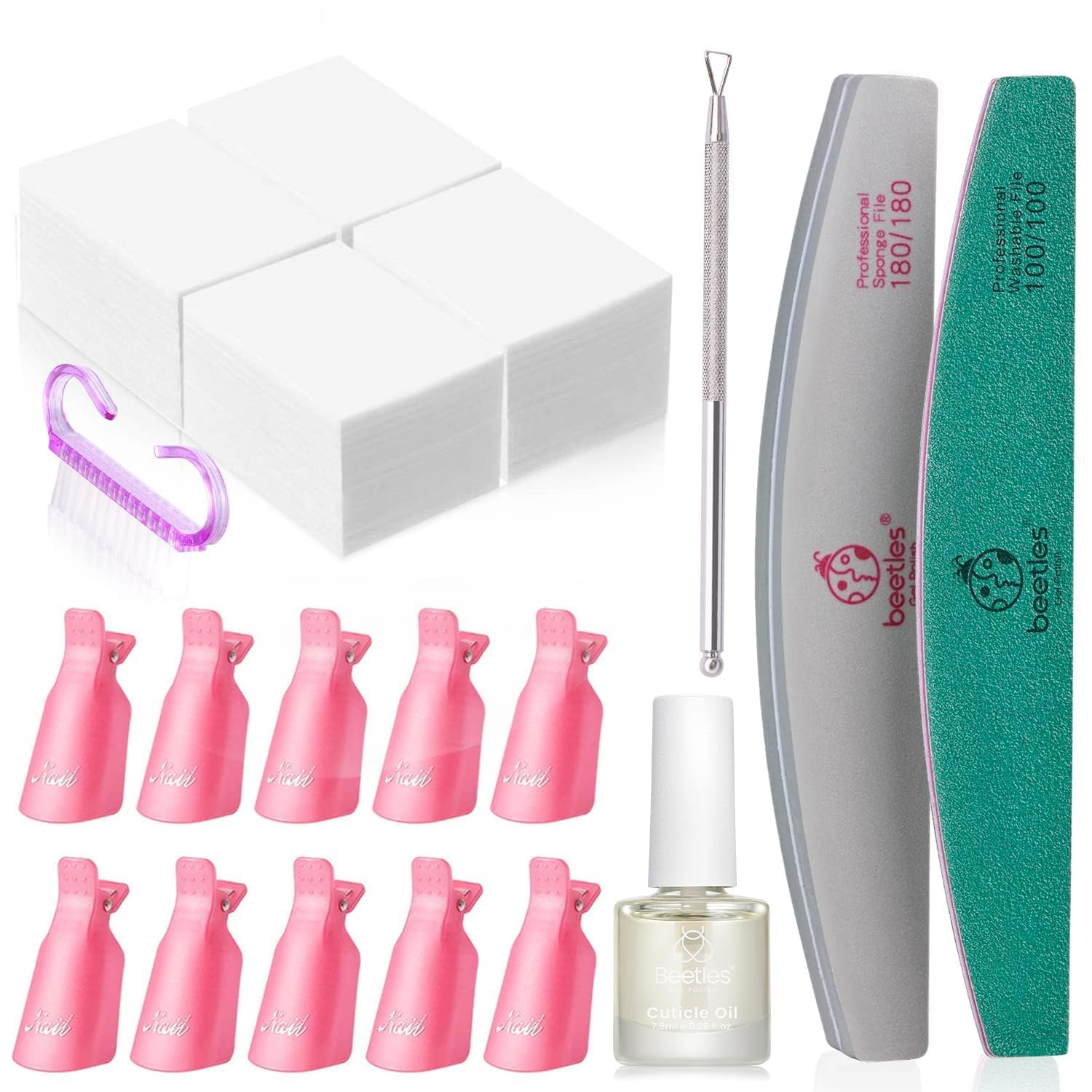 Beetles Gel Polish Remover Kit – 450 Lint-Free Wipes, 10 Remover Clips, Cuticle Oil, Pusher & Nail File