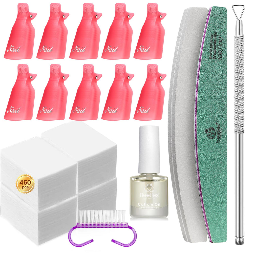 Beetles Gel Polish Remover Kit – 450 Lint-Free Wipes, 10 Remover Clips, Cuticle Oil, Pusher & Nail File