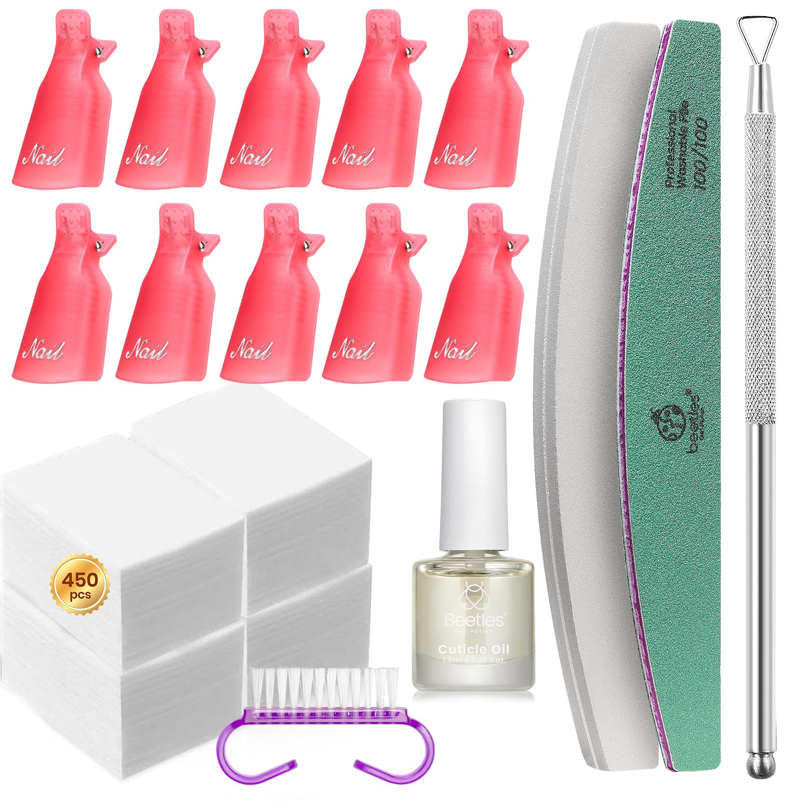Beetles Gel Polish Remover Kit – 450 Lint-Free Wipes, 10 Remover Clips, Cuticle Oil, Pusher & Nail File