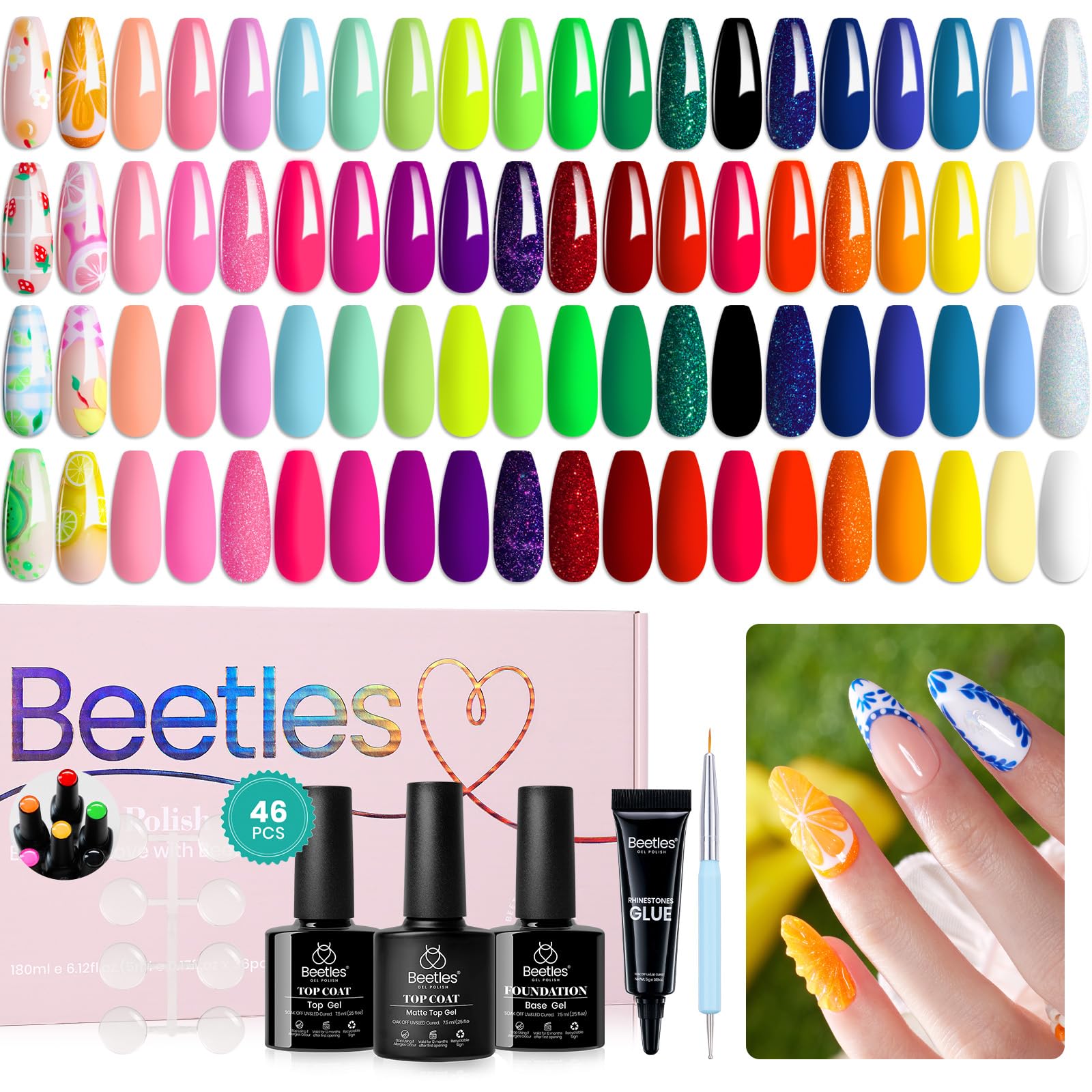 Beetles Gel Nail Polish Set – 36 Colors Rainbow Neon Collection + 46-Piece Kit with Top/Base Coat, Liner Brush, and Rhinestone Gel