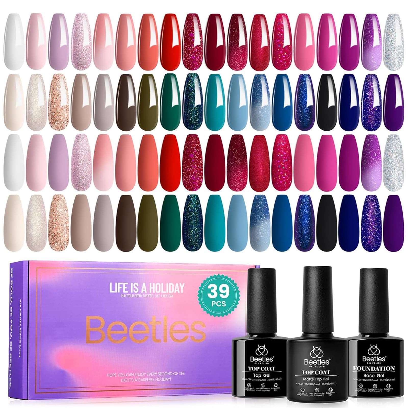 Beetles Gel Polish Set 39Pcs – 36 Colors + 3 No-Wipe Base/Top Coats for DIY Manicure