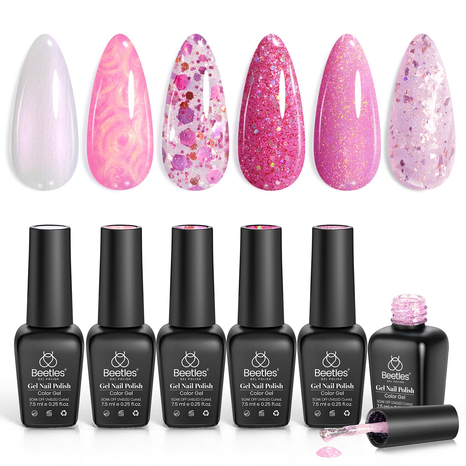 Beetles Gel Polish Set – 6 Pink Shades with Glitter & Shine | DIY Home Salon