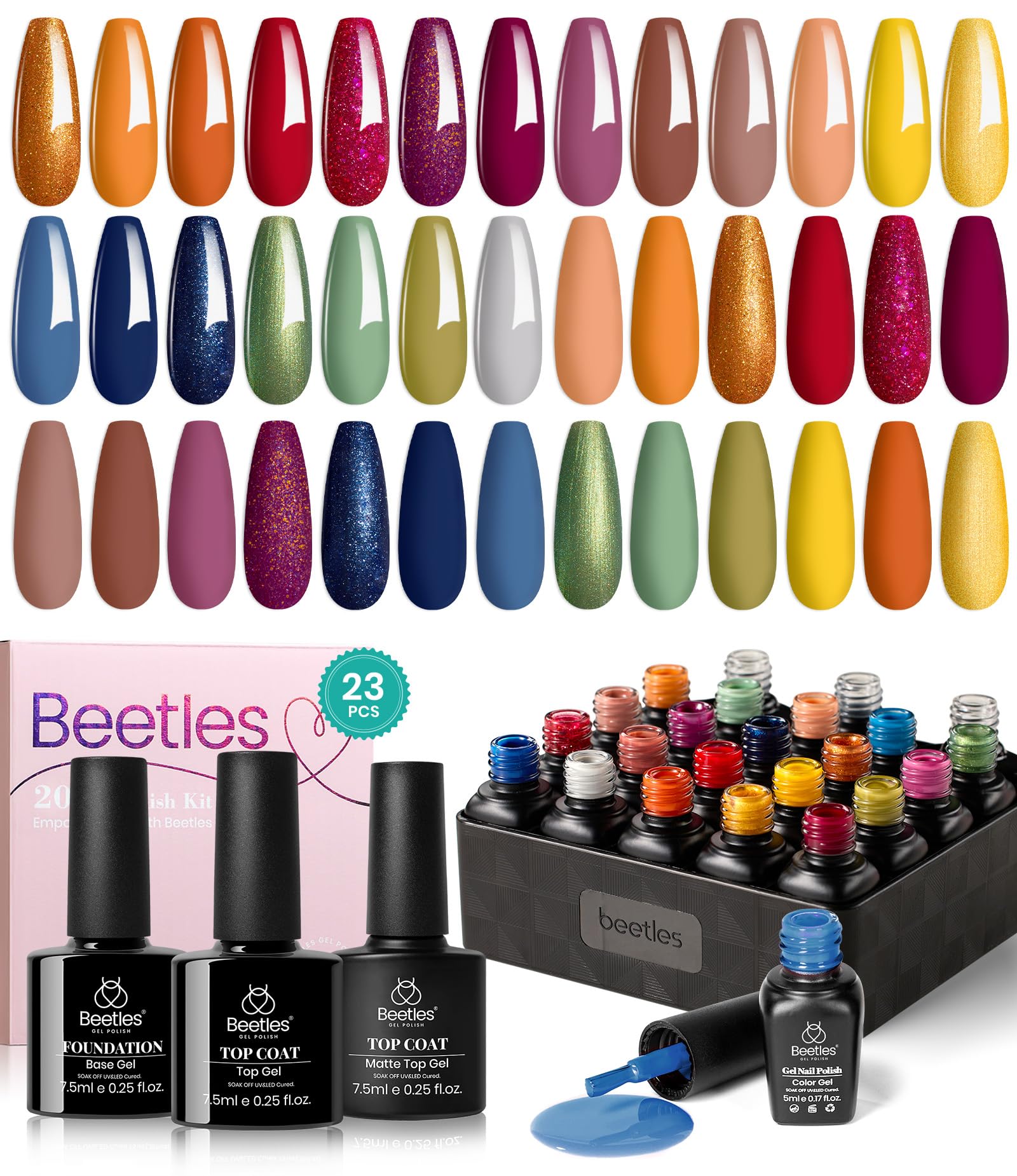 Beetles Gel Polish Set — 20 Colors for Fall & Winter with Base & Top Coat