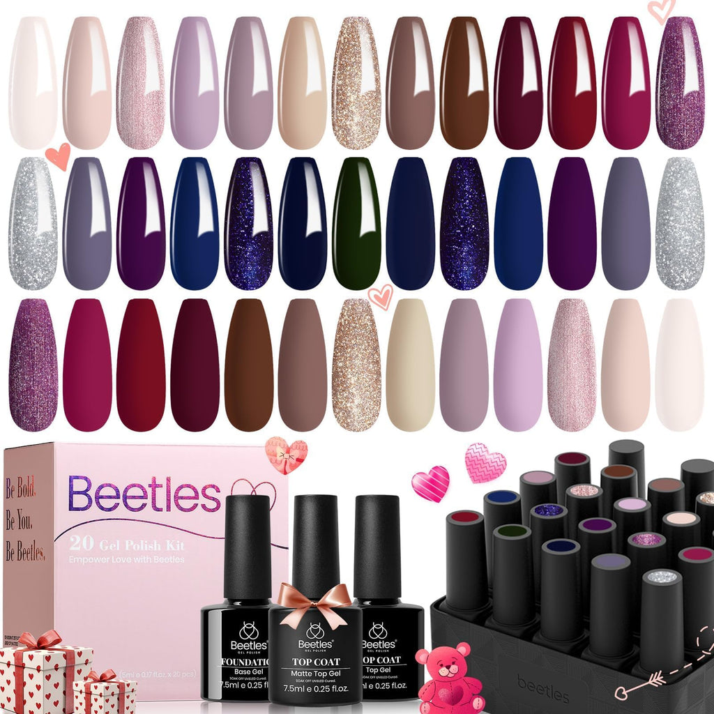 Beetles Gel Polish Set — 20 Colors Neutral Shimmer Kit with Base Coat, Matte & Glossy Top Coats, UV Lamp