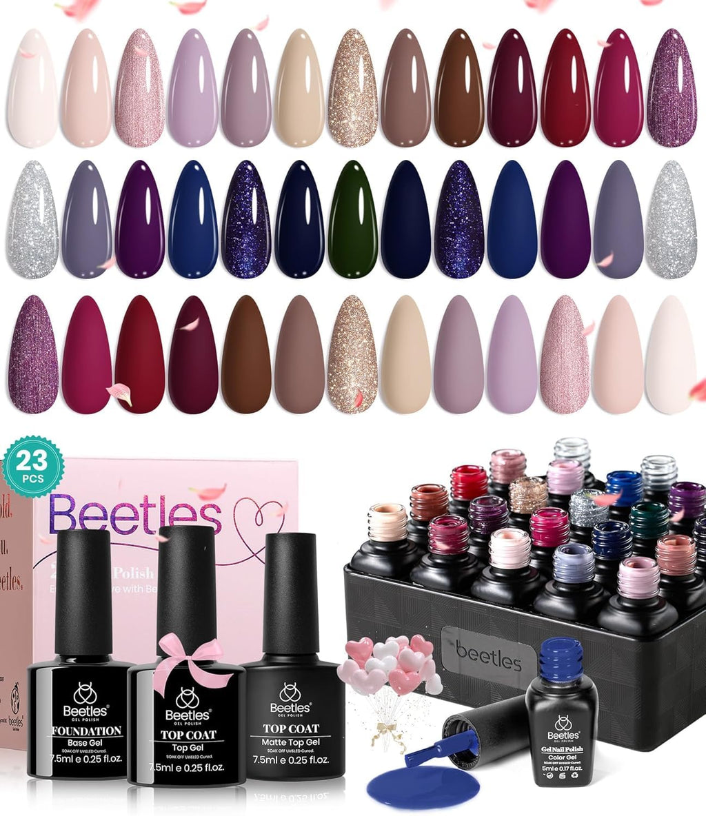 Beetles Gel Polish Set — 20 Colors Neutral Shimmer Kit with Base Coat, Matte & Glossy Top Coats, UV Lamp