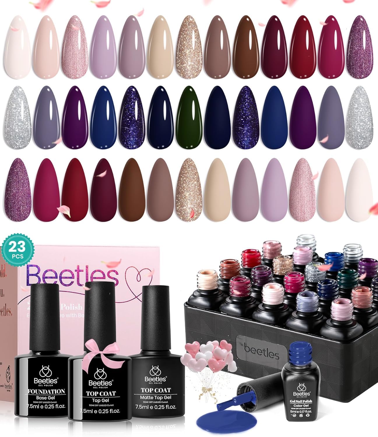 Beetles Gel Polish Set — 20 Colors Neutral Shimmer Kit with Base Coat, Matte & Glossy Top Coats, UV Lamp