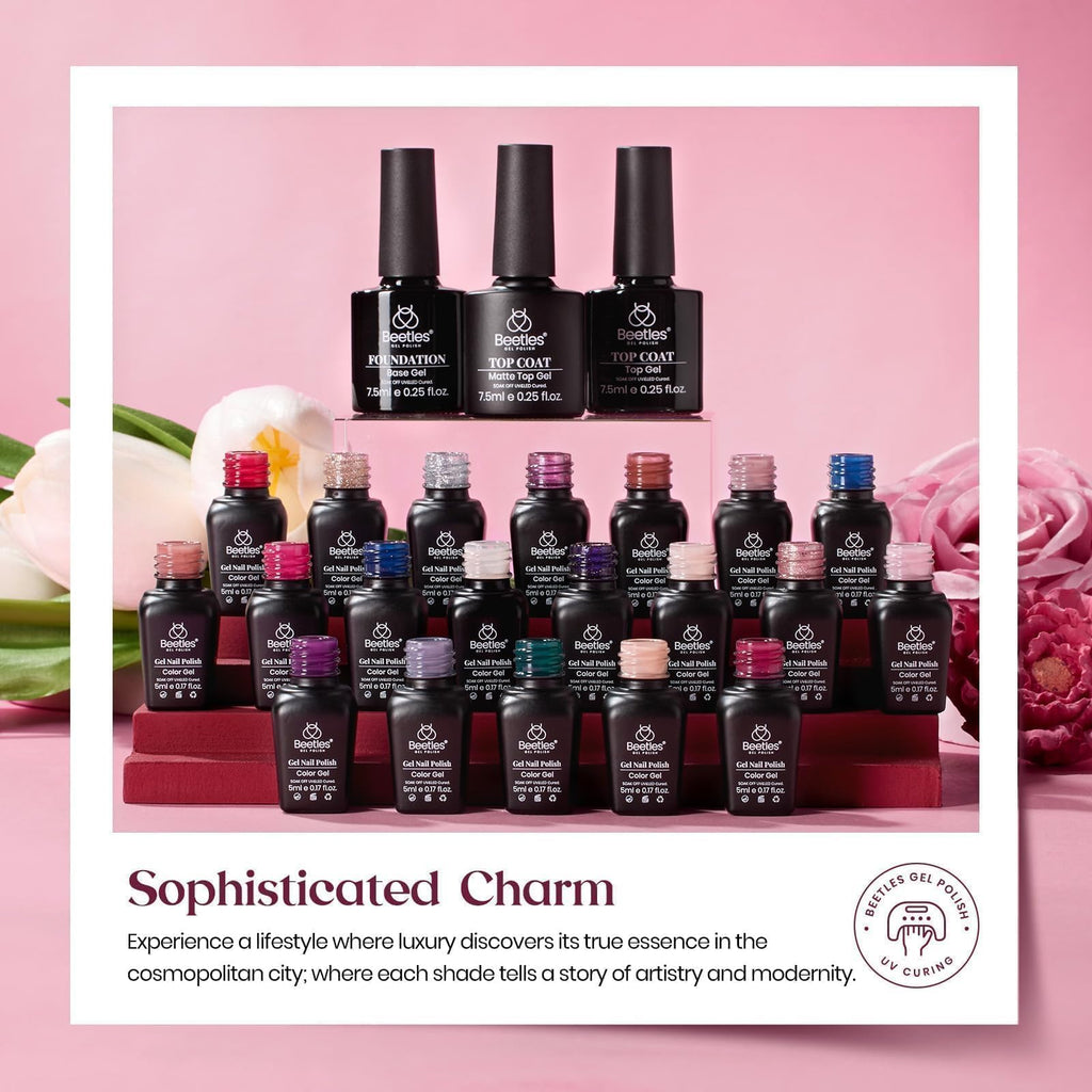 Beetles Gel Polish Set — 20 Colors Neutral Shimmer Kit with Base Coat, Matte & Glossy Top Coats, UV Lamp