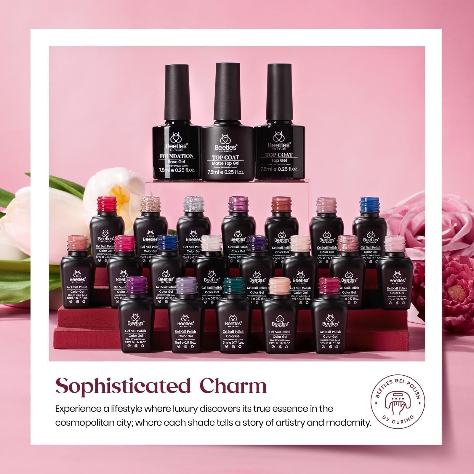Beetles Gel Polish Set — 20 Colors Neutral Shimmer Kit with Base Coat, Matte & Glossy Top Coats, UV Lamp