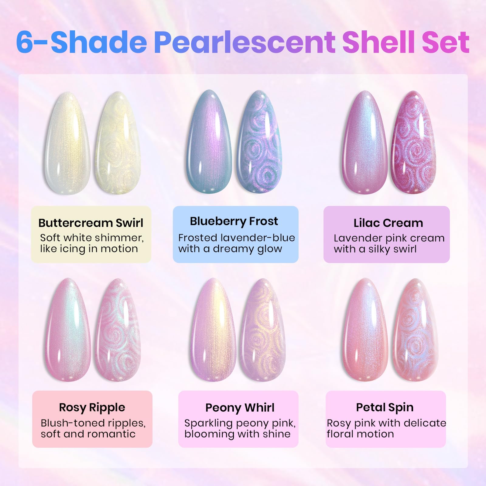 Beetles Gel Polish Stay Shining Pearly Swirl Set — 6 Mermaid Colors & Shell Thread Design