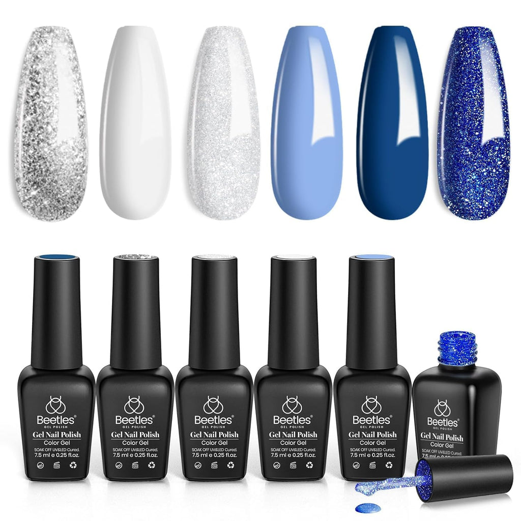 Beetles Gel Polish Set – Glitter Snowflakes Collection: White, Silver & Navy Blue