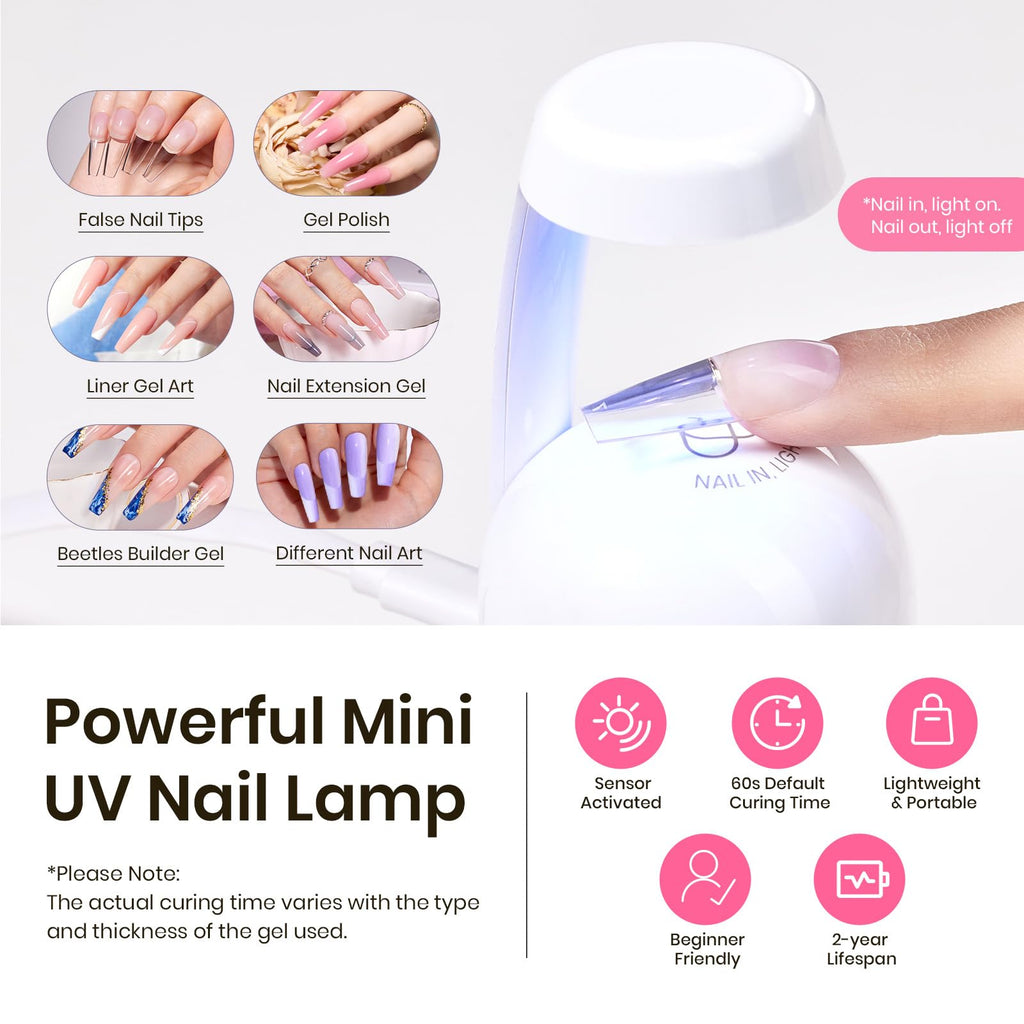 Beetles Gel Polish Tipex Instant Apex Nail Tips Kit – Coffin Long 224Pcs, 16 Sizes, Mini Lamp