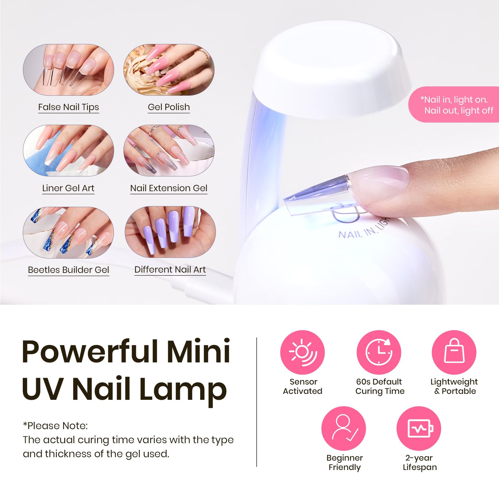 Beetles Gel Polish Tipex Instant Apex Nail Tips Kit – Coffin Long 224Pcs, 16 Sizes, Mini Lamp