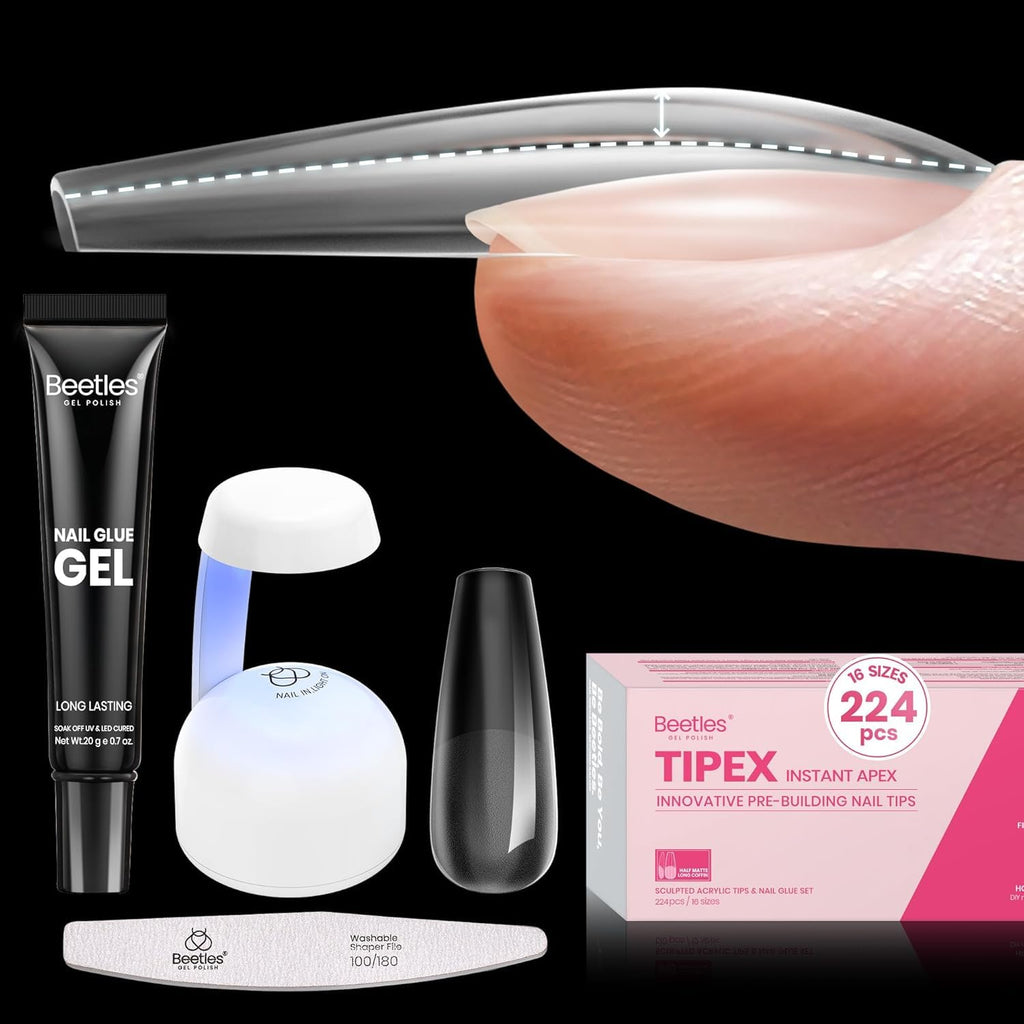 Beetles Gel Polish Tipex Instant Apex Nail Tips Kit – Coffin Long 224Pcs, 16 Sizes, Mini Lamp