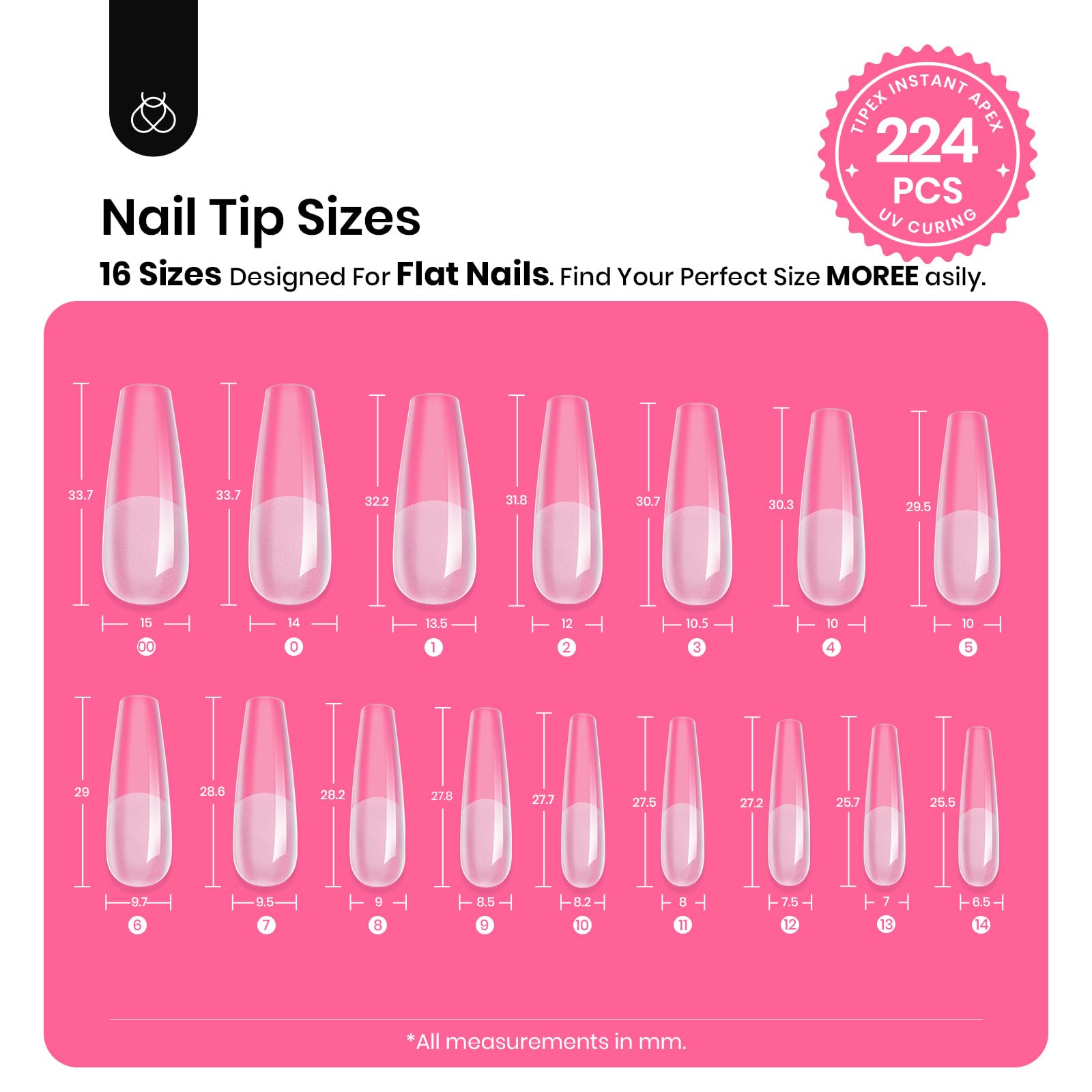 Beetles Gel Polish Tipex Instant Apex Nail Tips Kit – Coffin Long 224Pcs, 16 Sizes, Mini Lamp