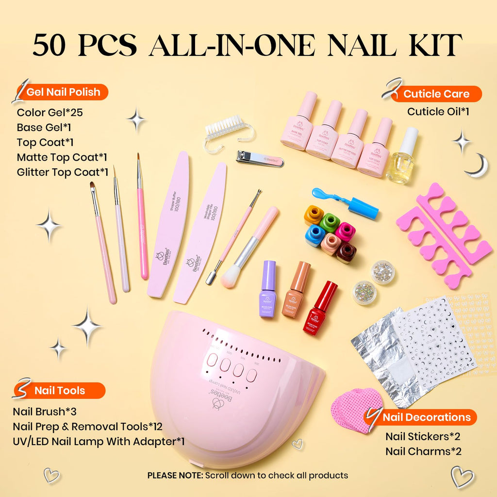 Beetles Gel Nail Polish Kit with UV Light — 25 Colors, 28 Tools, Base & Top Coats