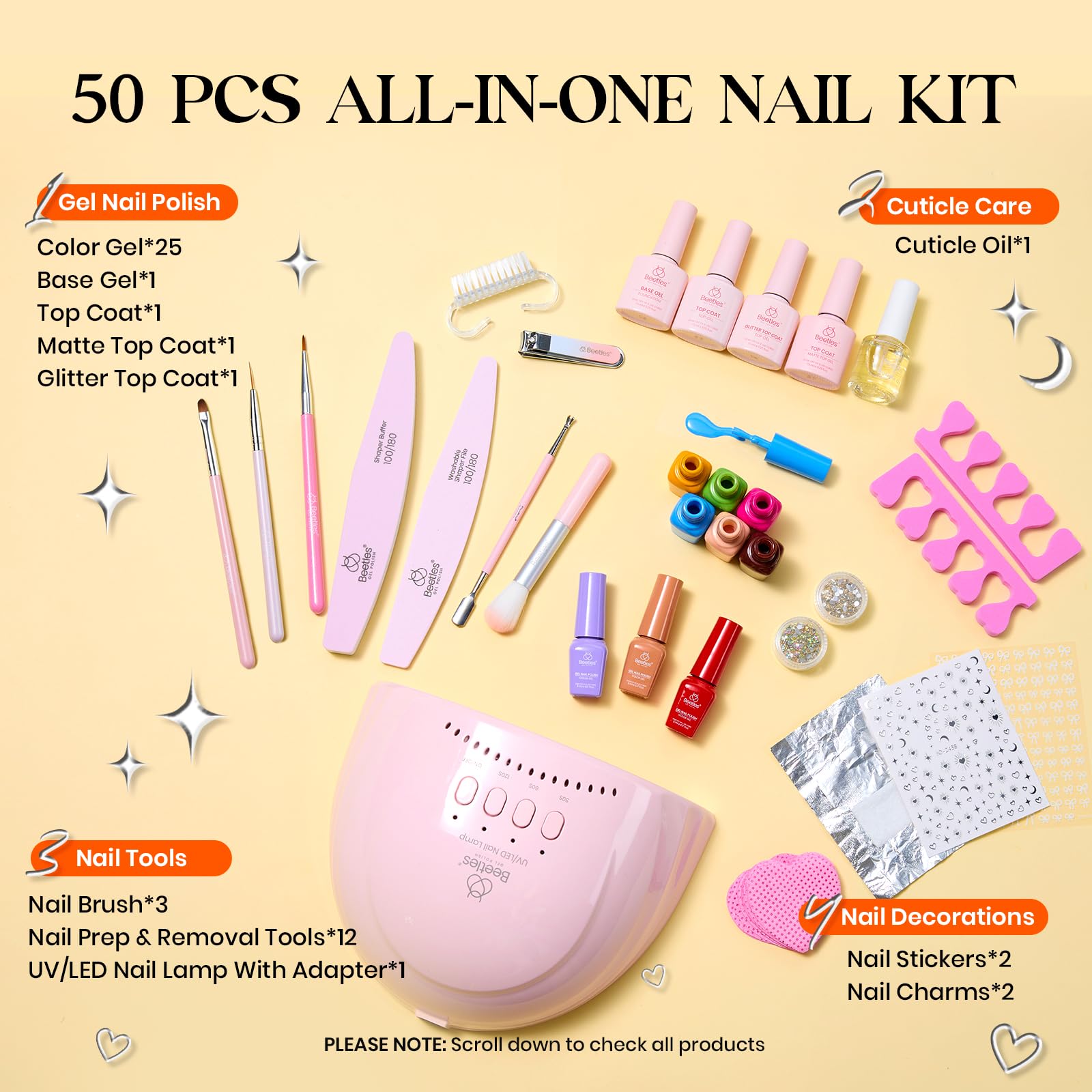 Beetles Gel Nail Polish Kit with UV Light — 25 Colors, 28 Tools, Base & Top Coats