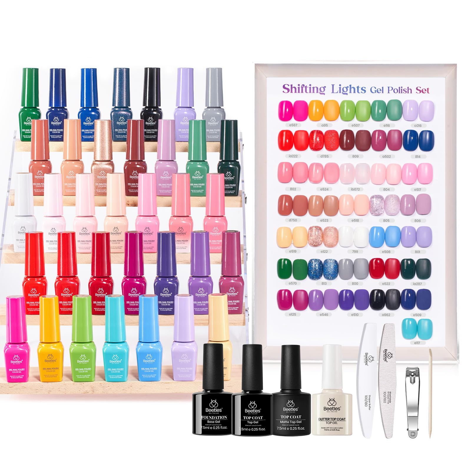 Beetles Gel Polish Shifting Lights – 36-Color UV/LED Set with Base & Top Coats