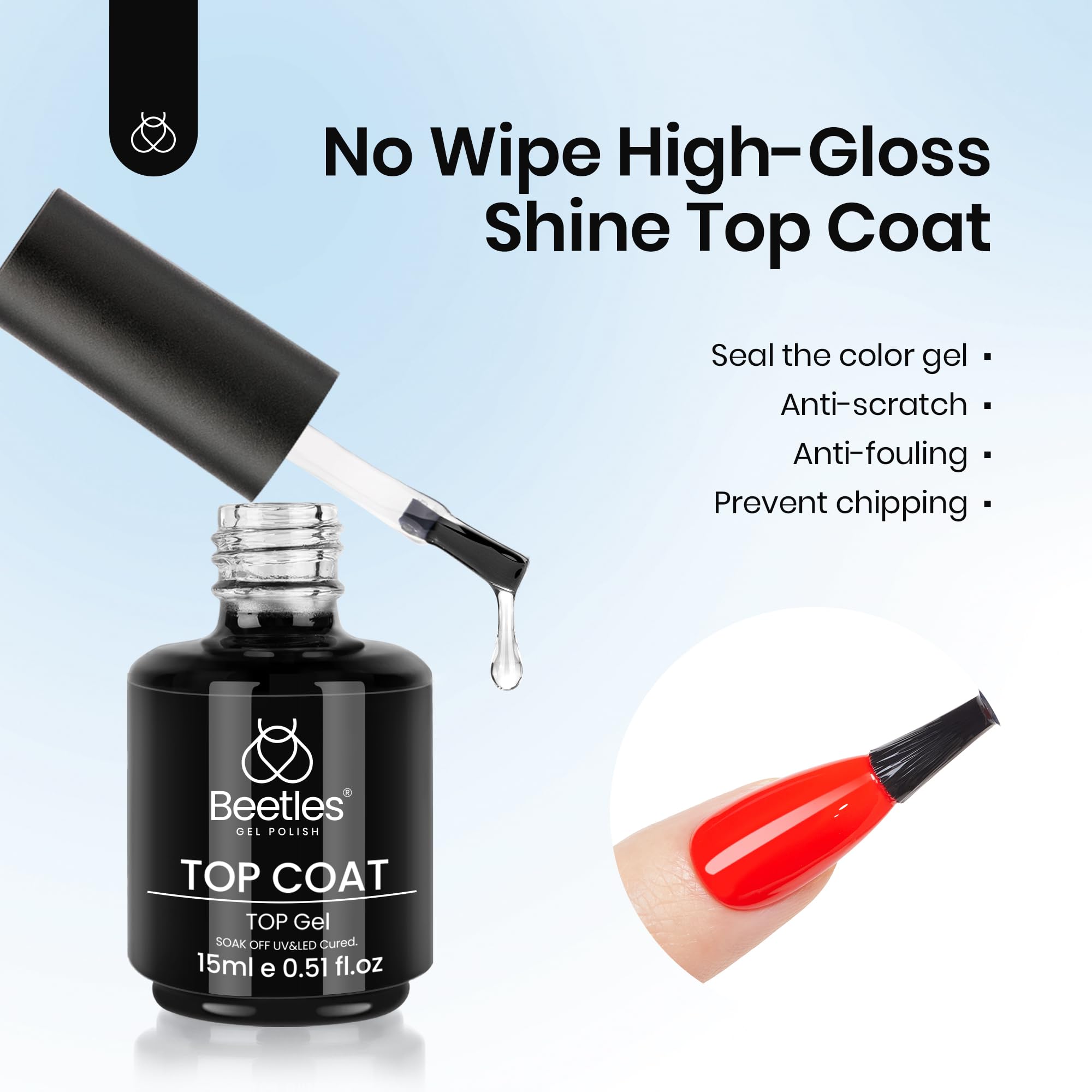 Beetles Gel Top Coat No-Wipe, 2x15ml – High-Gloss, Long-Lasting Shine for DIY & Salon
