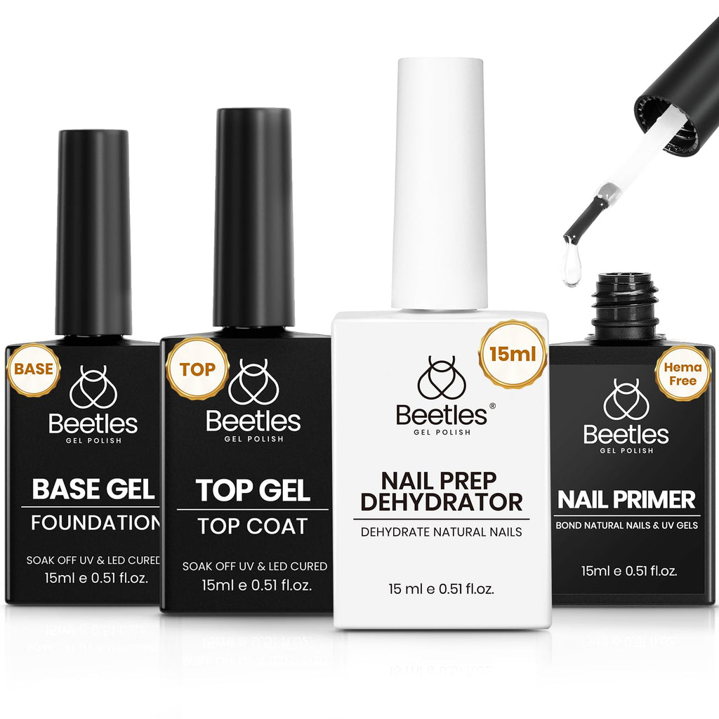 Beetles Gel Polish 4-Piece Base Coat, Top Coat, Dehydrator & Primer Set – Acid-Free & HEMA-Free Bond