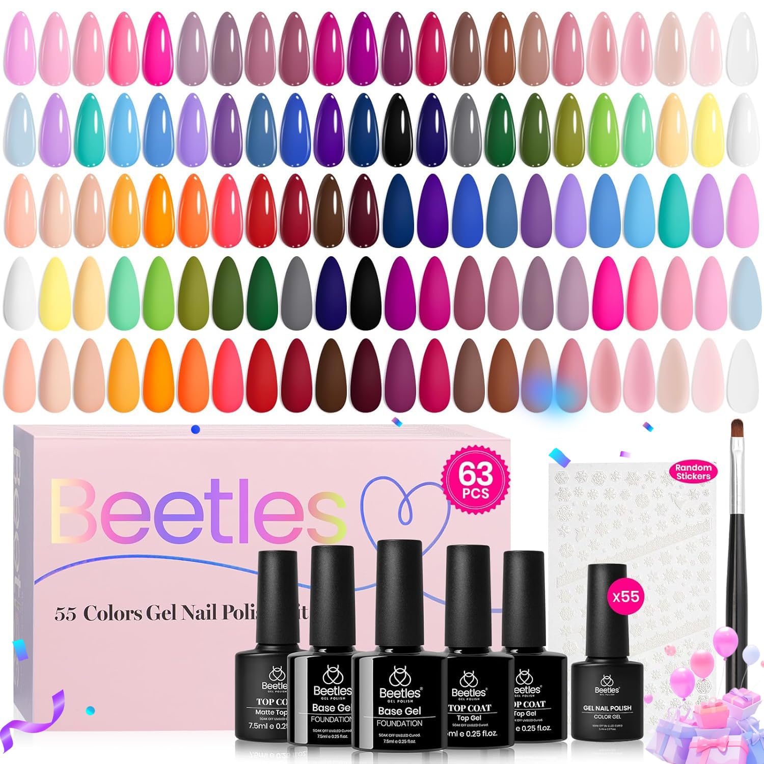 Beetles Spring Gel Nail Polish Set – 55 Colors with Base & Top Coats, Matte Finish, UV/LED