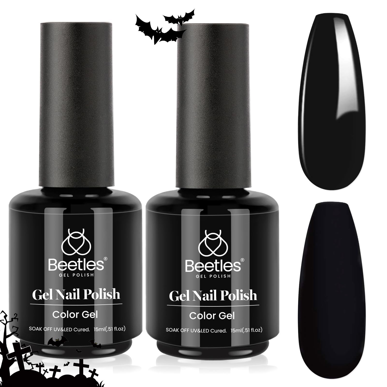 Beetles Black Gel Polish 2-Pack — 15ml Each | Pure Black Soak-Off UV Nail Polish, Long Nights Collection