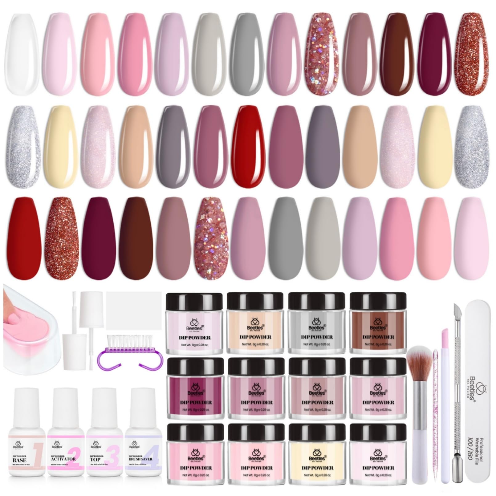 Beetles 36Pcs Dip Powder Nail Kit Starter – 20 Colors Nude Pink Gray Glitter Burgundy, Base Top Activator, Tools