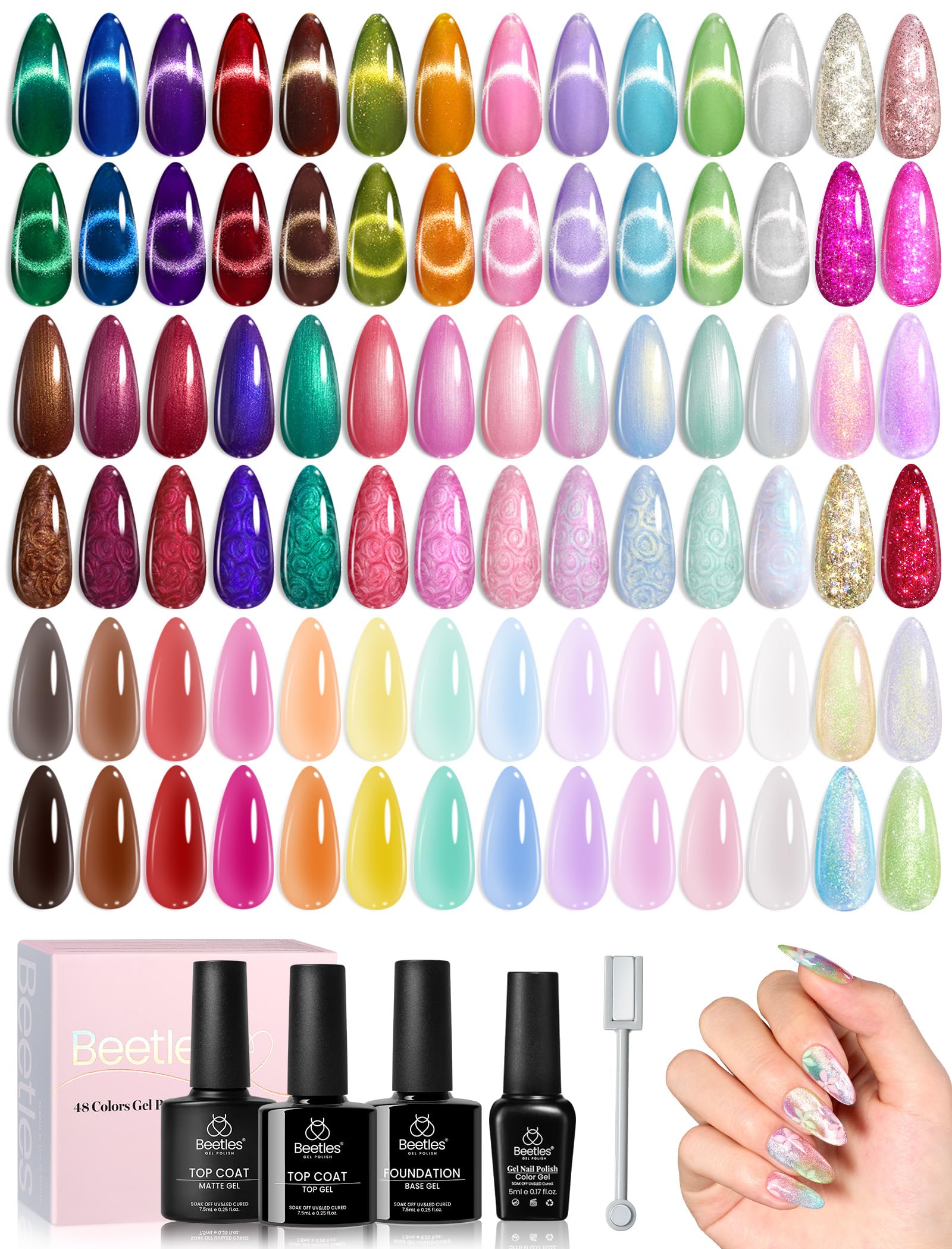 Beetles Spring Gel Nail Polish Set – 53 Pcs, 48 Colors, Base & Top Coats, Nail Magnetic