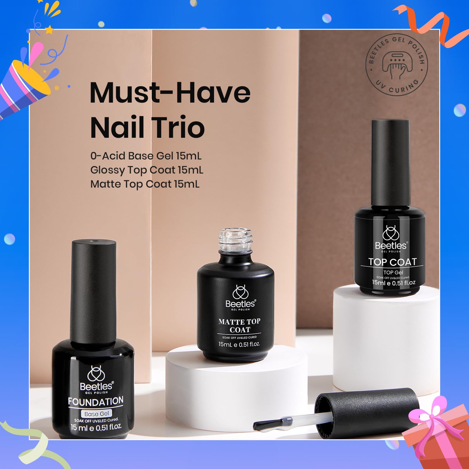 Beetles Matte Gel Top Coat No Wipe Set – 3x15ml Gel Nail Polish & Base Coat