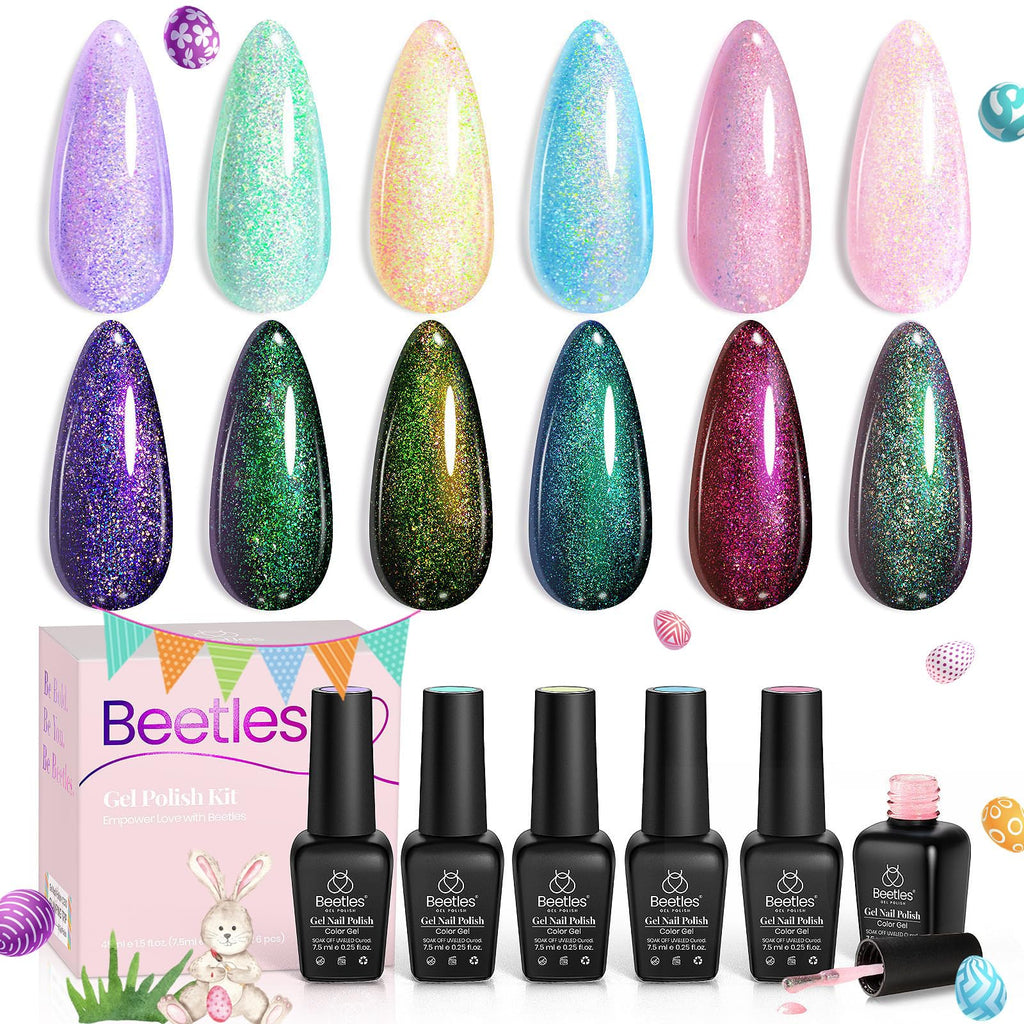 Beetles Glitter Gel Nail Polish Set – 6 Shimmering Colors for DIY Manicure, UV/LED Soak-Off