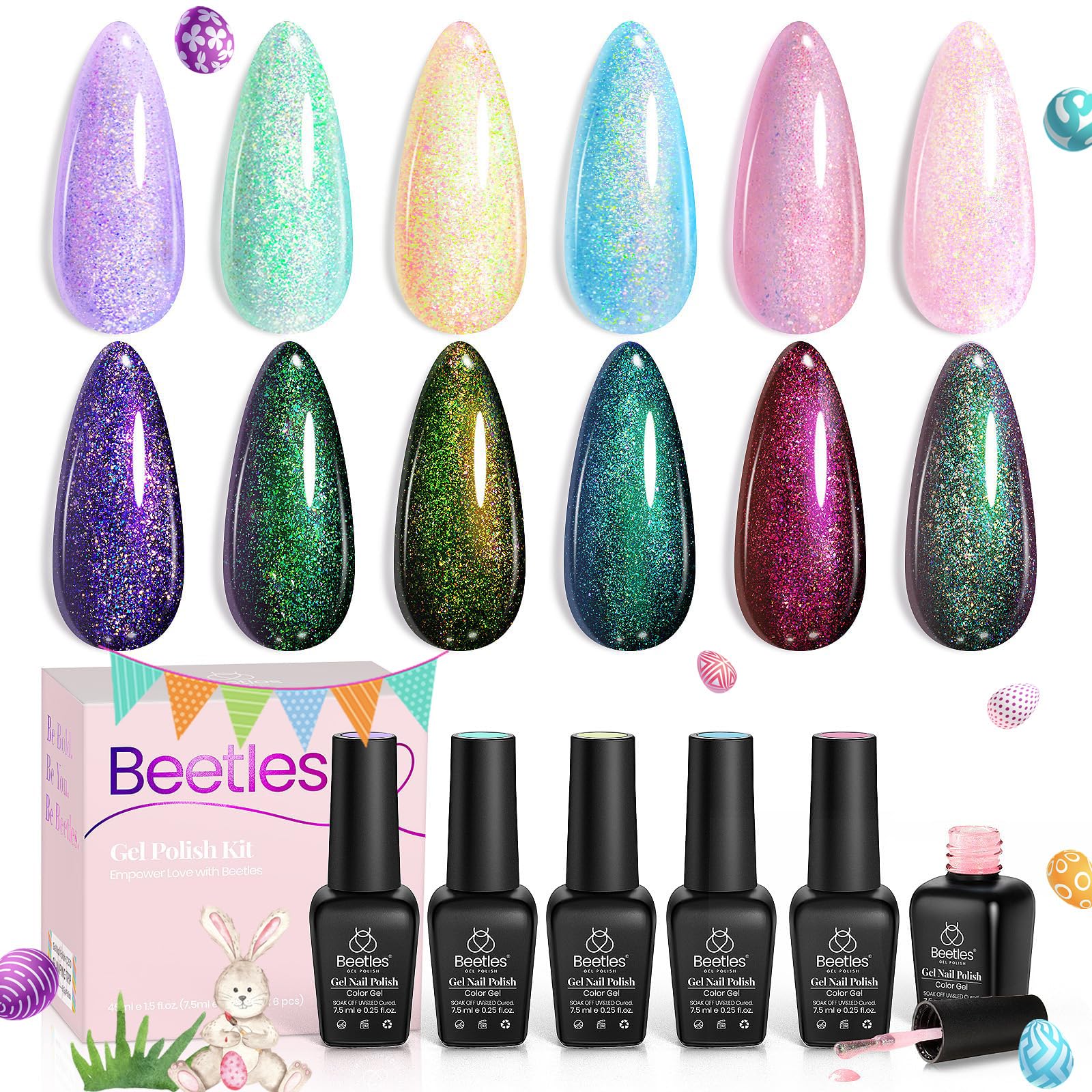 Beetles Glitter Gel Nail Polish Set – 6 Shimmering Colors for DIY Manicure, UV/LED Soak-Off