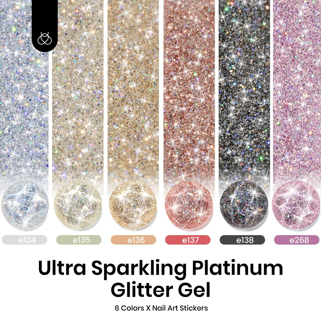 Beetles Glitter Gel Polish Diamond Shine 6-Color Set with Nail Art Stickers | Silver, Black, Pink, Gold & Holographic Glitter for UV/LED Manicures