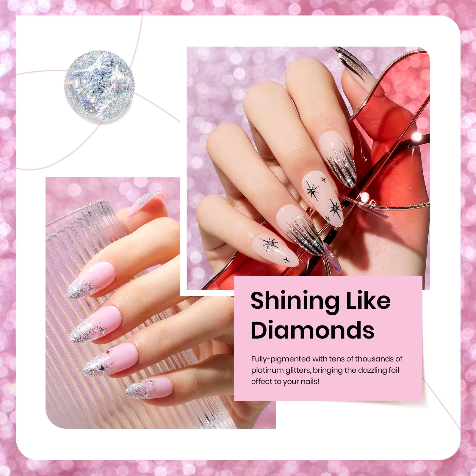 Beetles Glitter Gel Polish Diamond Shine 6-Color Set with Nail Art Stickers | Silver, Black, Pink, Gold & Holographic Glitter for UV/LED Manicures