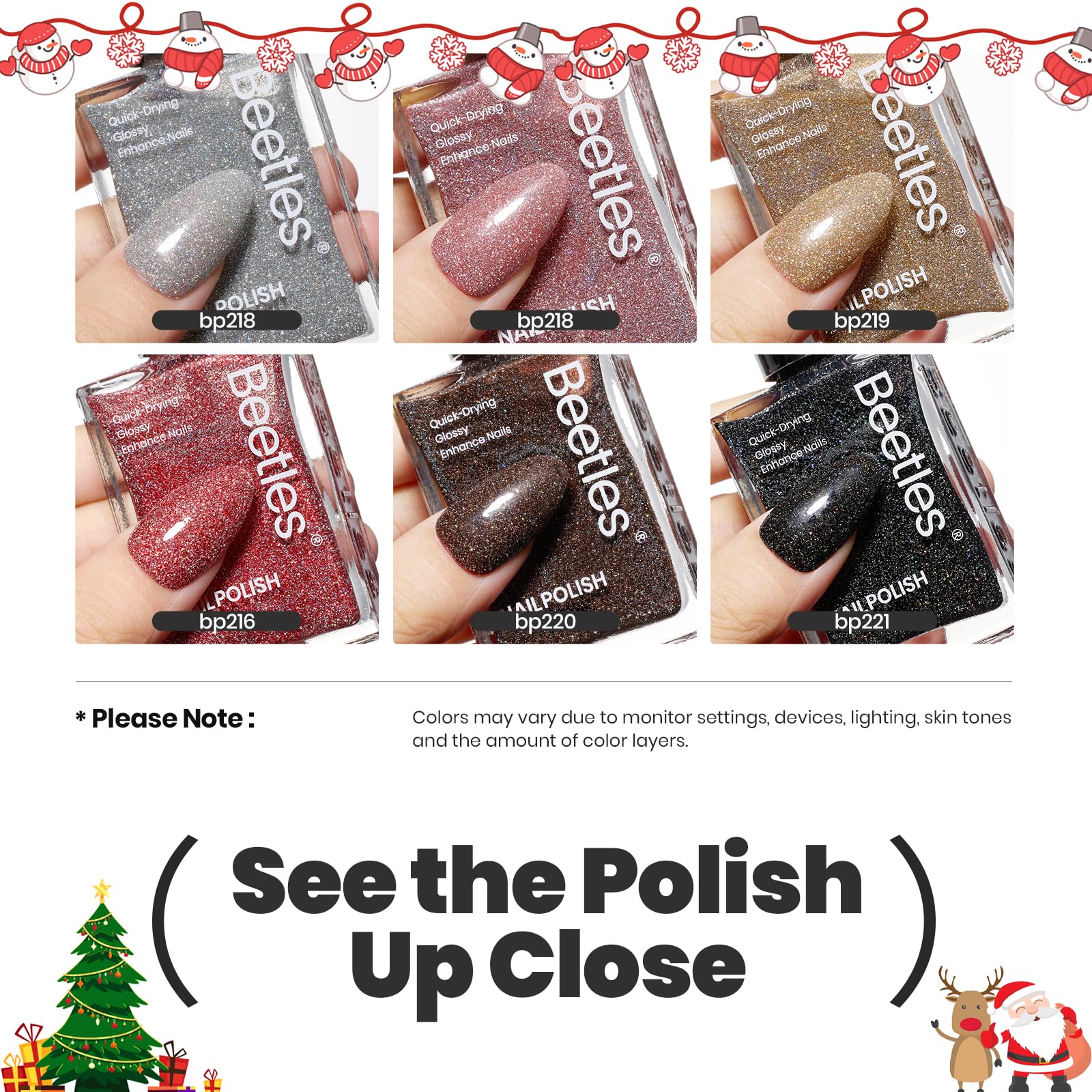 Beetles Glitter Nail Polish Set – 6 Quick-Dry Glitter Lacquers (Silver, Pink, Gold, Red, Brown, Black)