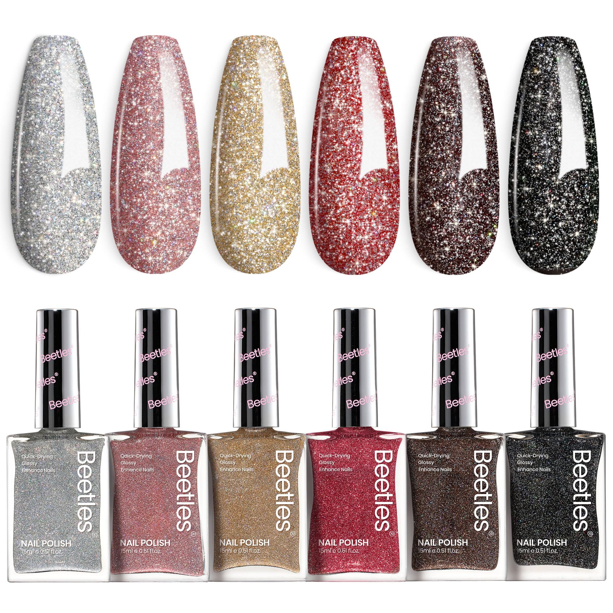 Beetles Glitter Nail Polish Set – 6 Quick-Dry Glitter Lacquers (Silver, Pink, Gold, Red, Brown, Black)