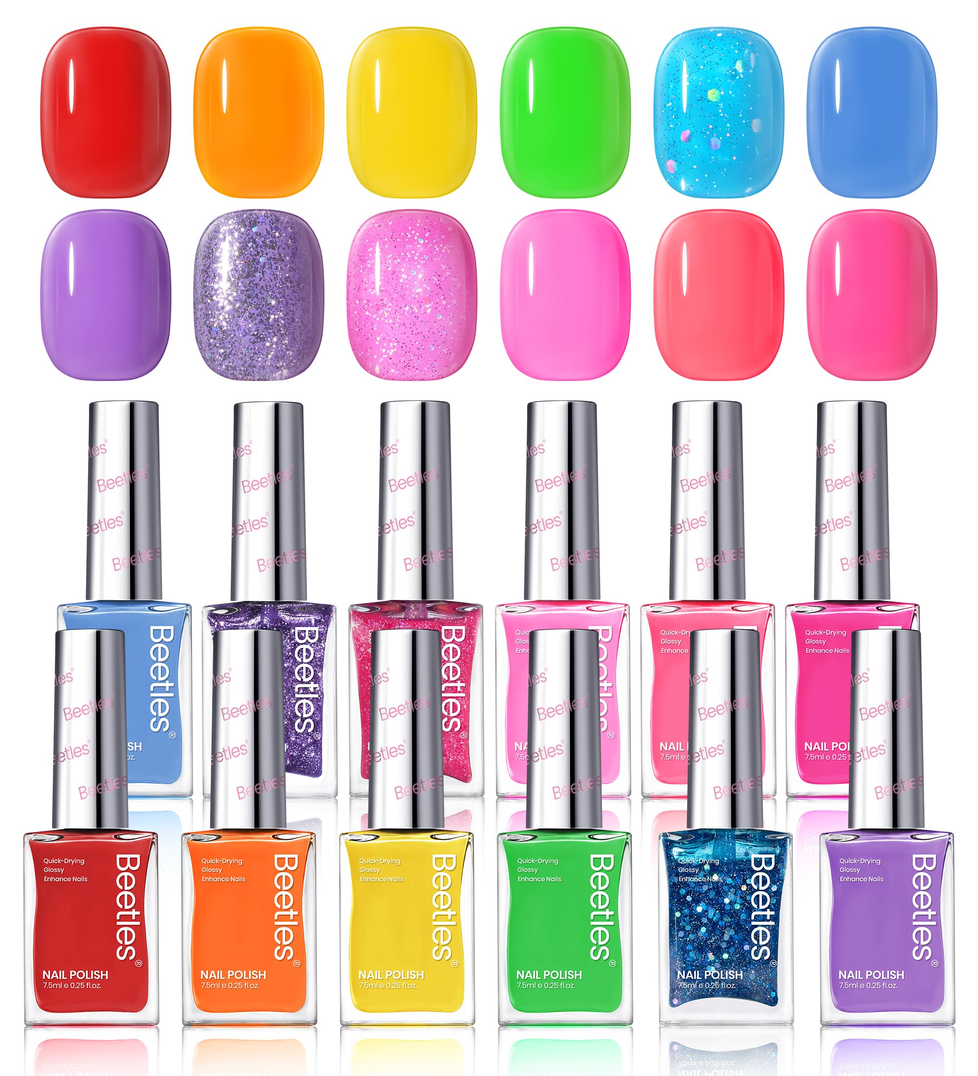 Beetles Glitter Neon Nail Polish Set – 12 Quick-Dry Neon Glitter Colors for DIY Nails