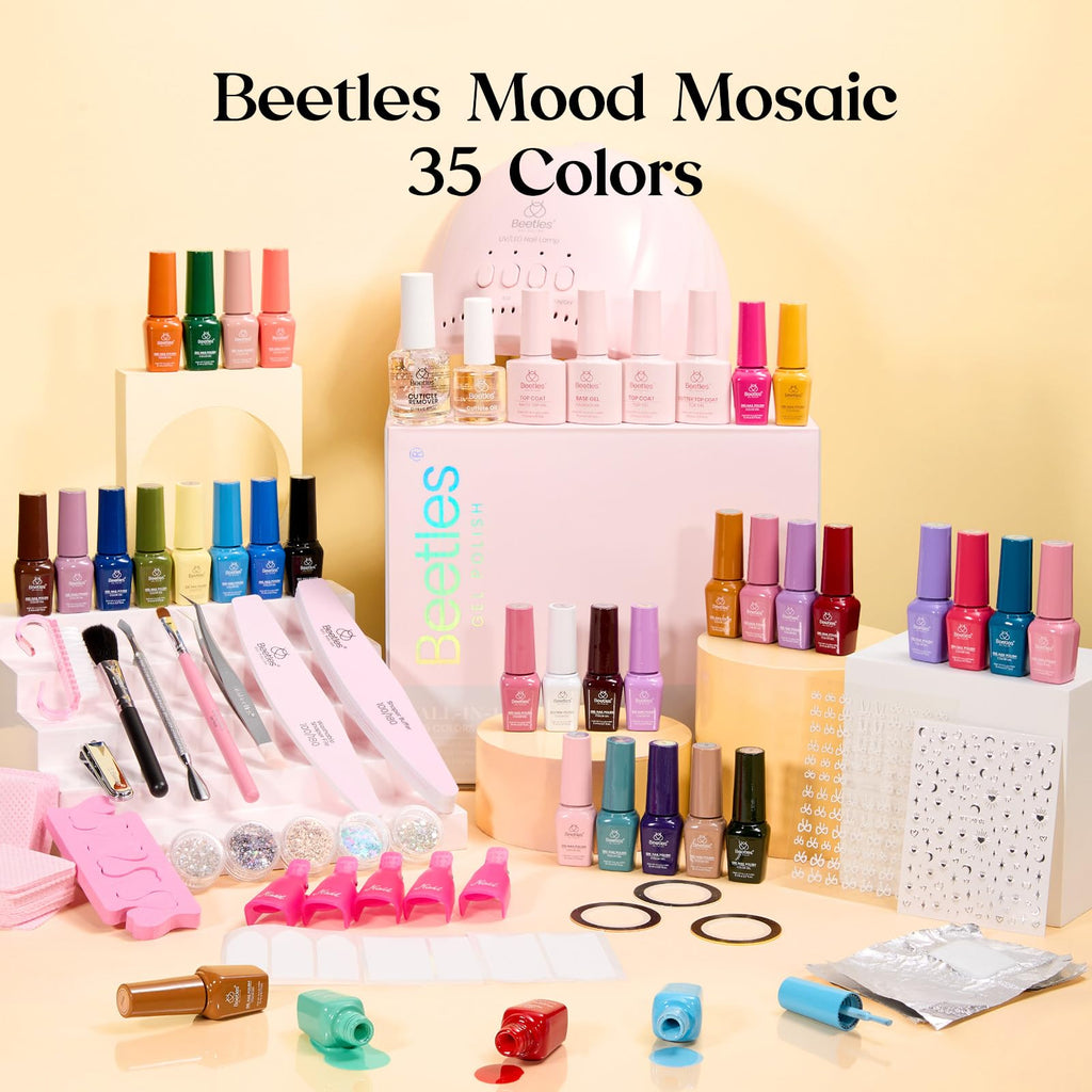 Beetles Gel Nail Polish Kit with UV Light – 68-Piece Mood Mosaic Set, 35 Colors, Base/Top/Matte/Glitter, LED Lamp & Tools