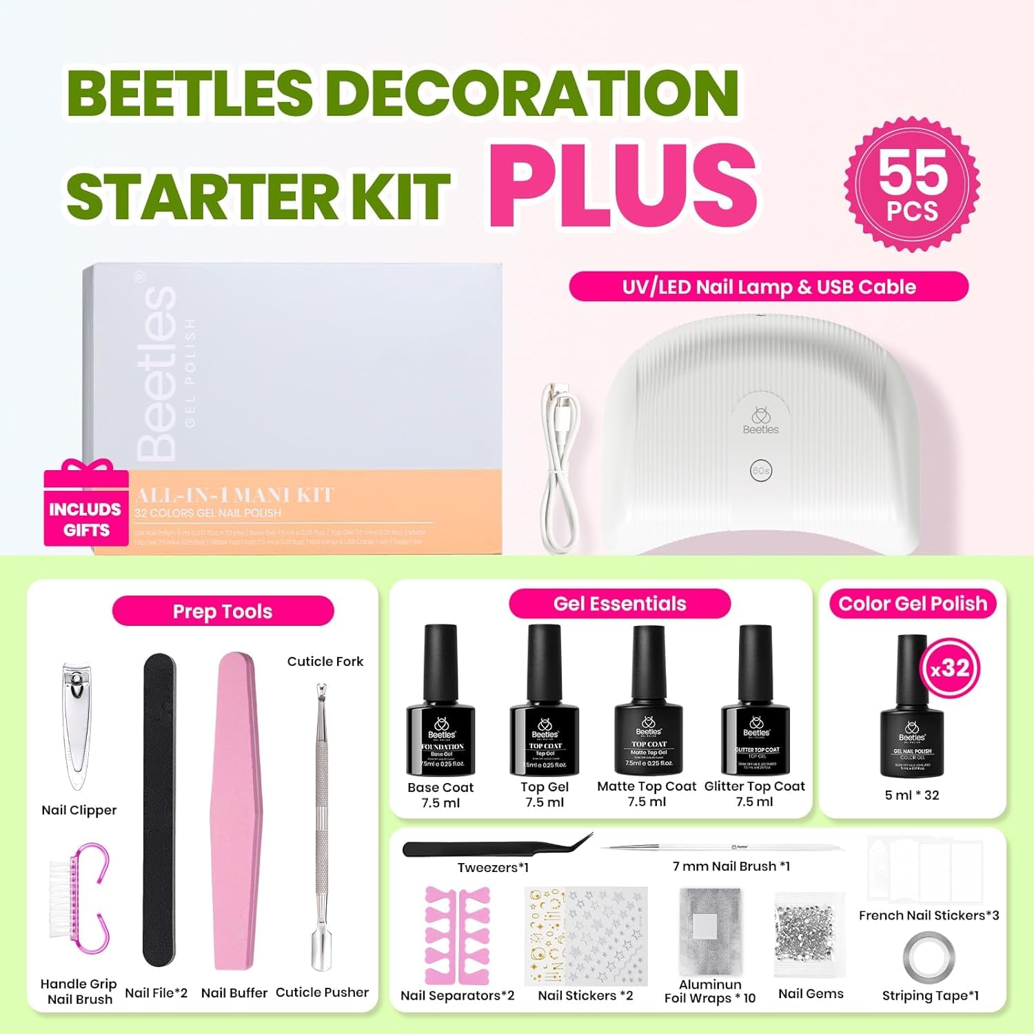 Beetles Gel Nail Polish Kit with UV Light – 32 Colors, 55 Pcs Set, Pro Lamp & Coats