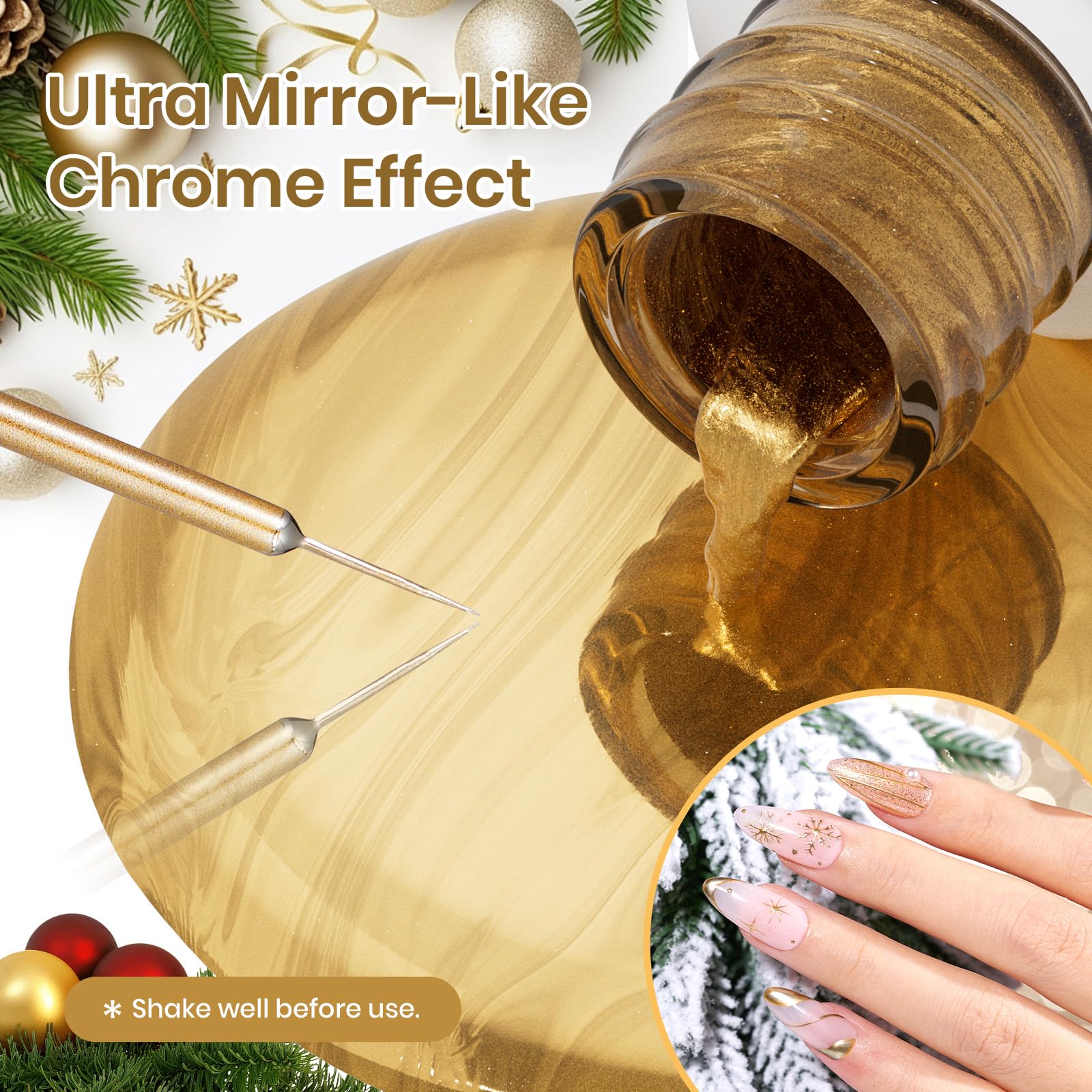 Beetles Gold Gel Liner – 7ml Metallic French Tip with 3D Mirror Chrome Finish, Built-in Thin Brush