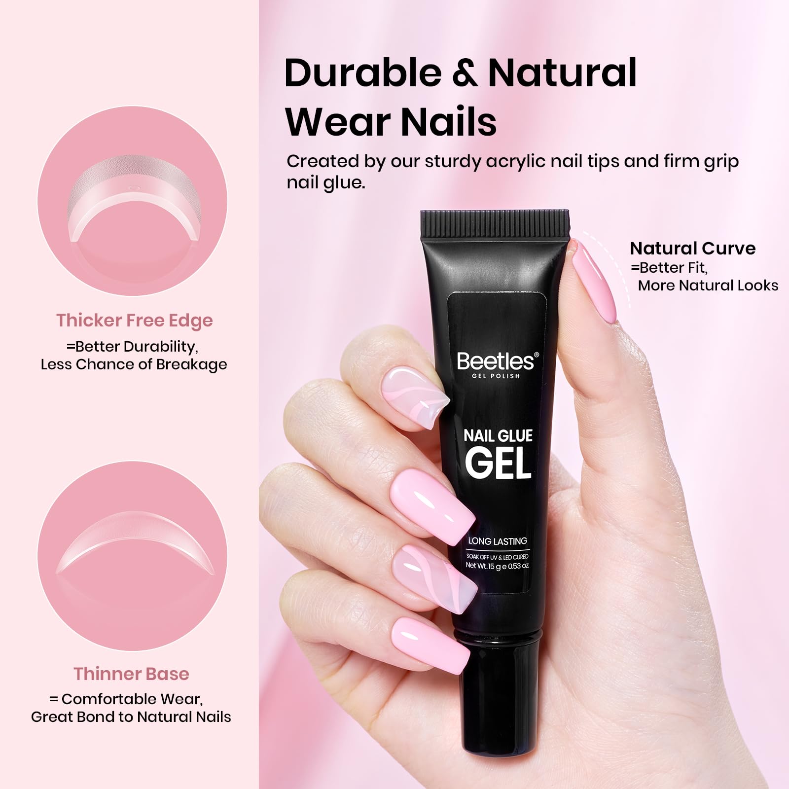 Beetles Gel Nail Kit Short Square — 576Pcs Tips + Mini UV Lamp for DIY Extensions