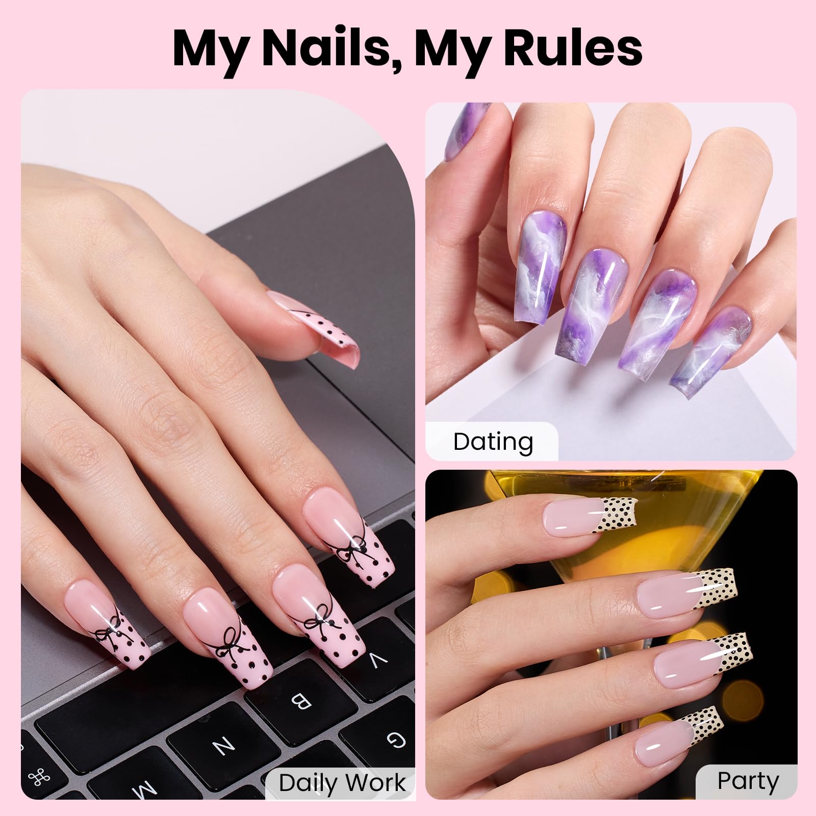 Beetles Gel Nail Kit Flat-X Coffin Medium – 320 Tips, 15g Glue Gel, 7.5ml Base & Top Coat, Mini Lamp
