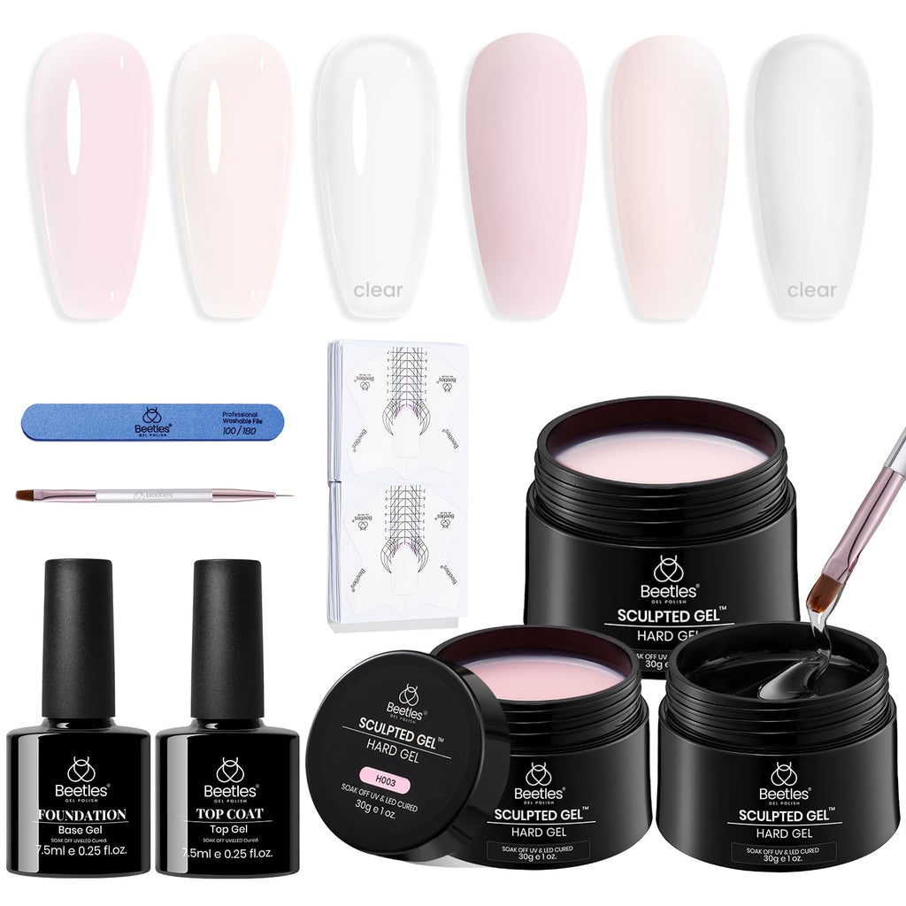 Beetles Hard Gel Kit – 3 Colors 9-in-1 Builder Gel for Salon Nails (Nude, Pink, Clear) UV/LED Cure