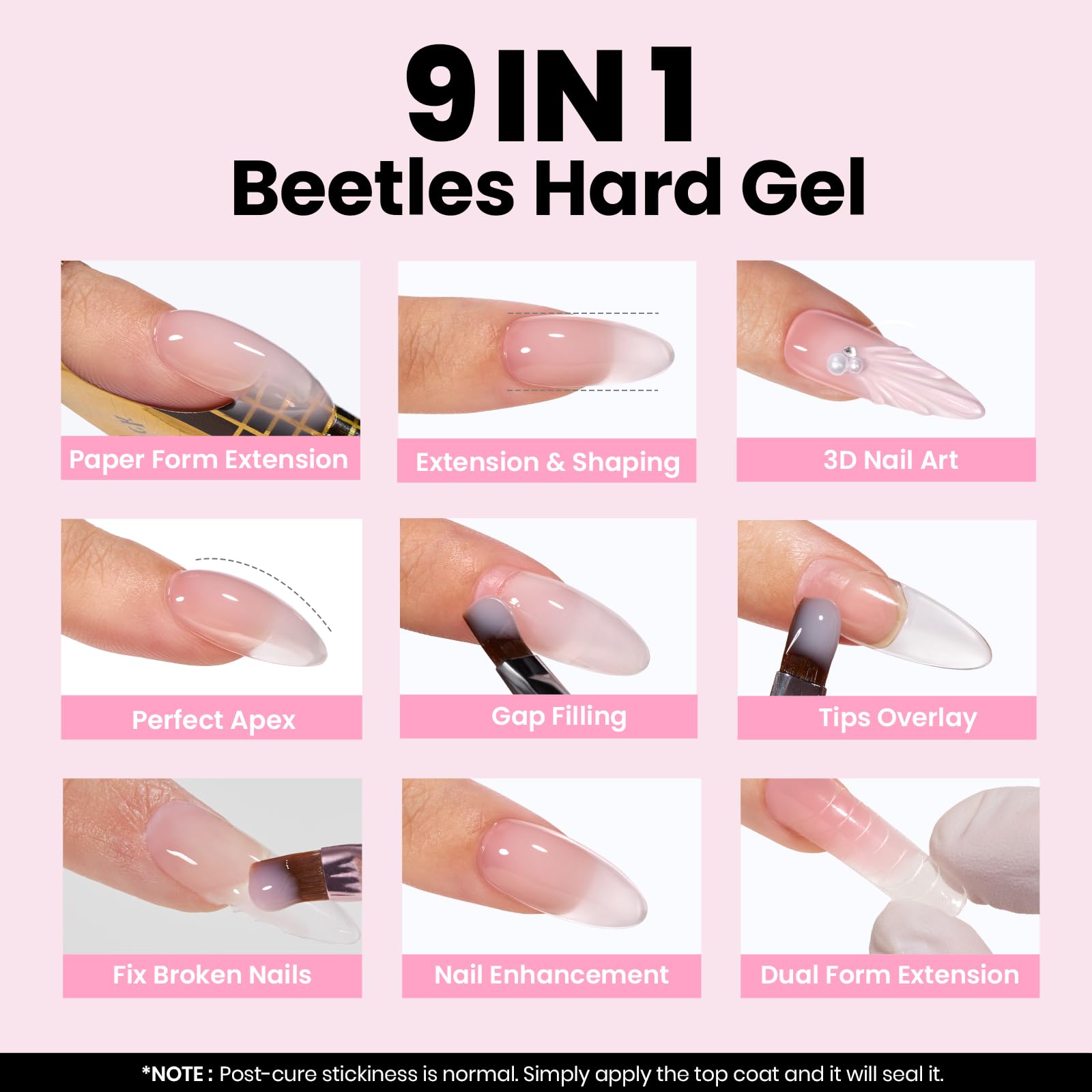 Beetles Hard Gel Kit – 3 Colors 9-in-1 Builder Gel for Salon Nails (Nude, Pink, Clear) UV/LED Cure